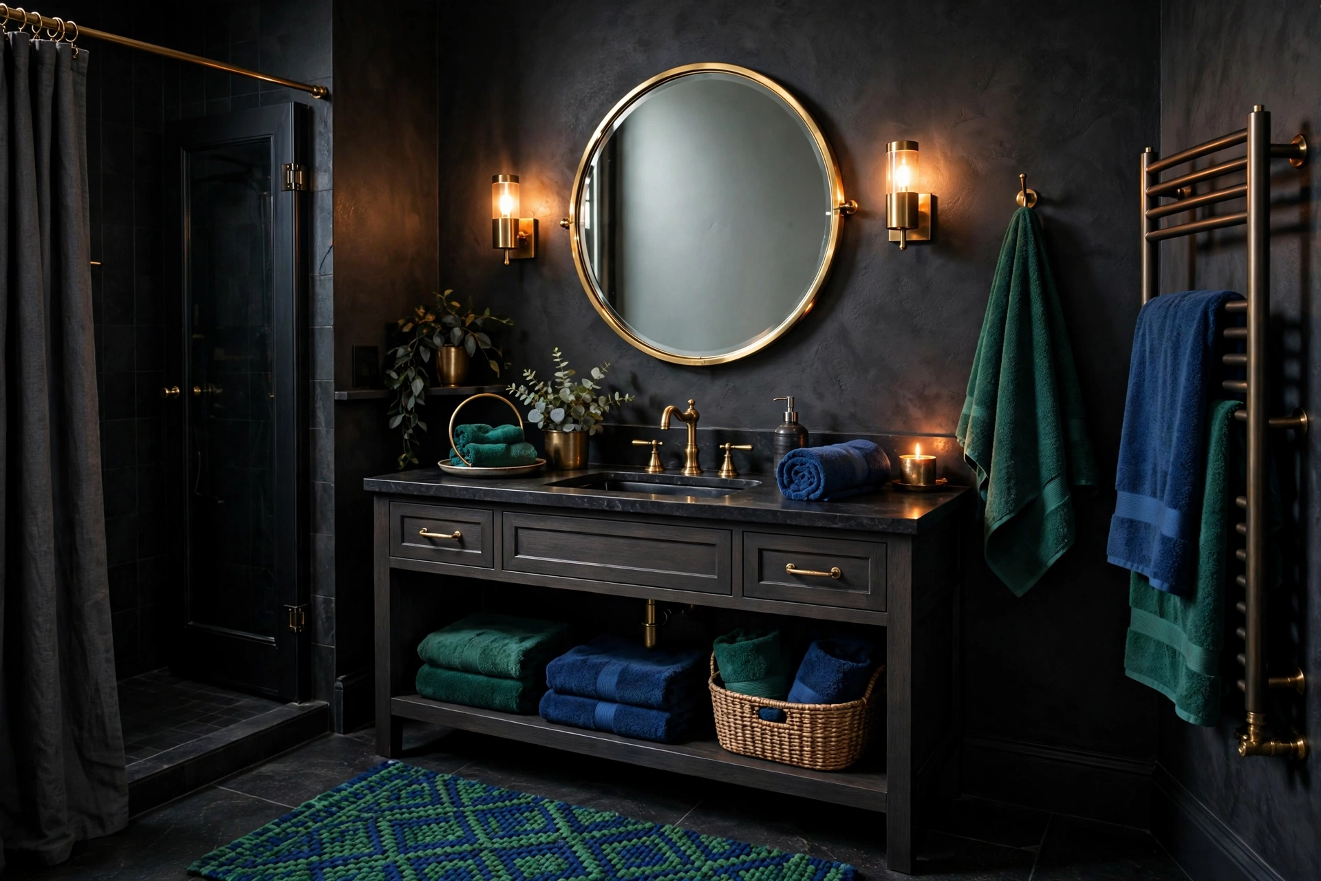 Dark bathroom with emerald and sapphire jewel-tone towels and textiles against charcoal walls.