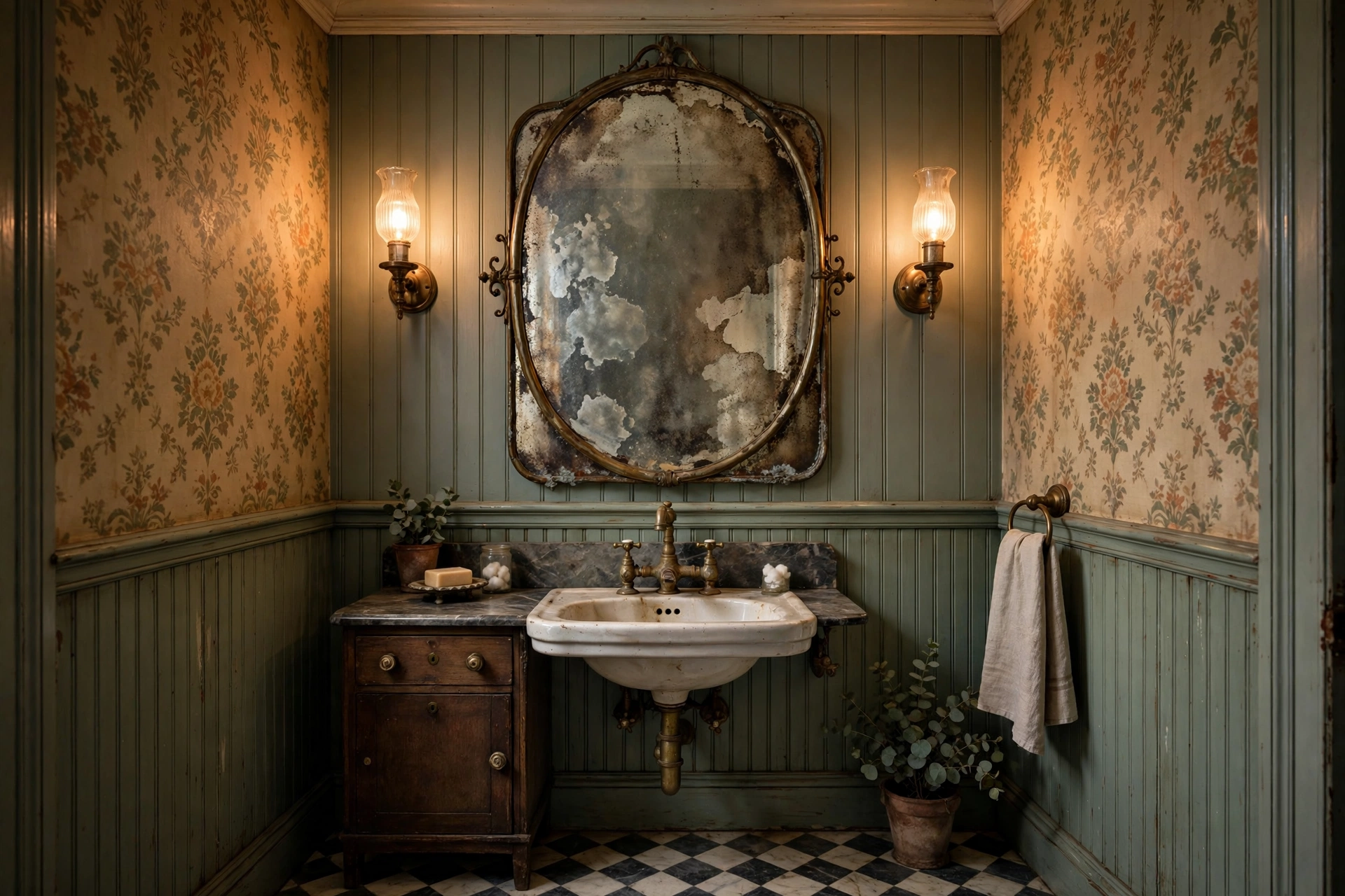 Antiqued foxed-glass bathroom mirror with a smoky patina in a vintage-style powder room.
