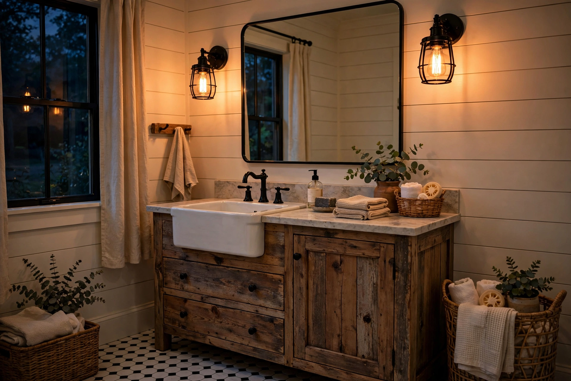 Vintage Edison filament bulbs in open sconces casting warm amber light in a farmhouse bathroom.