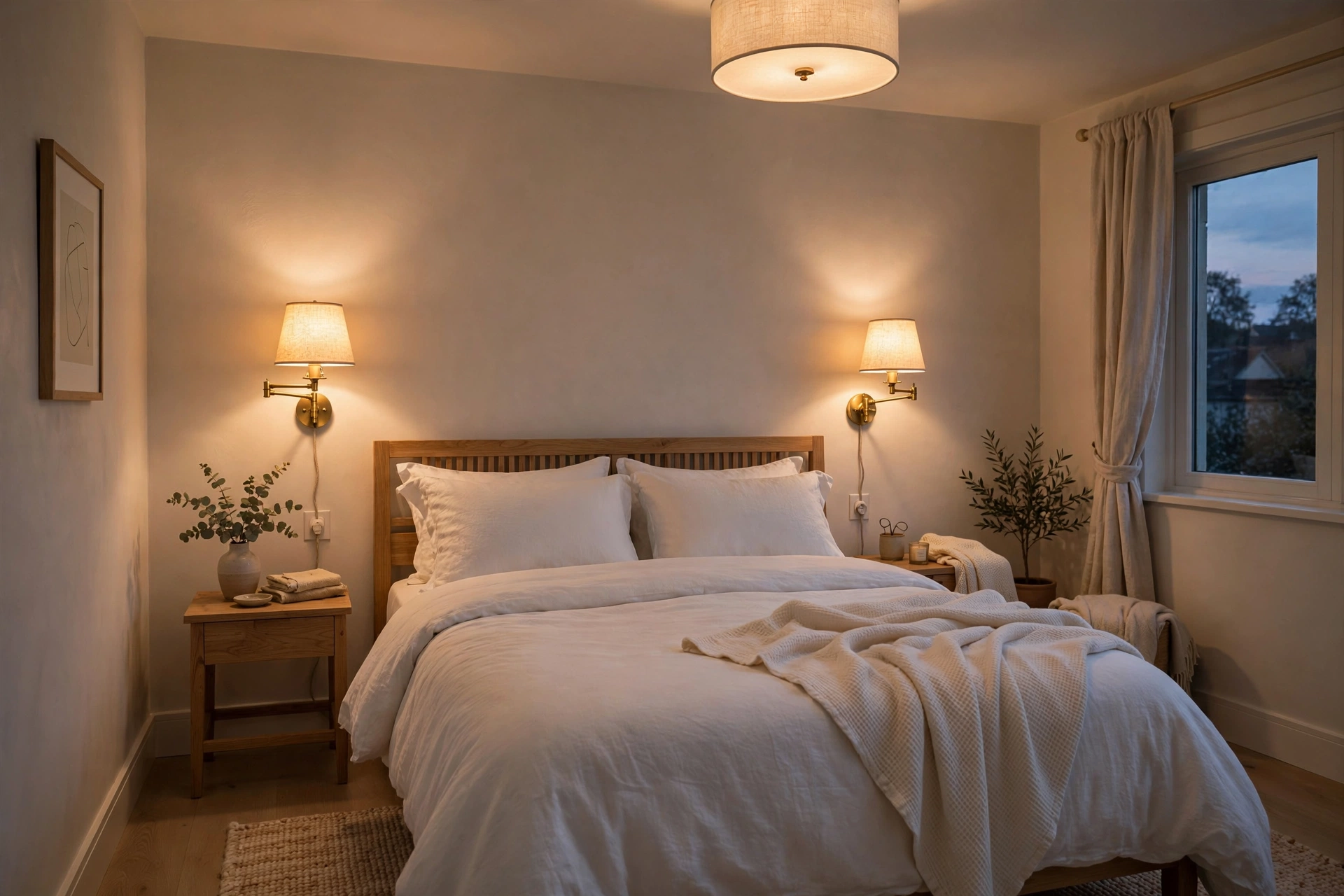 Warm layered lighting with brass wall sconces in a small bedroom