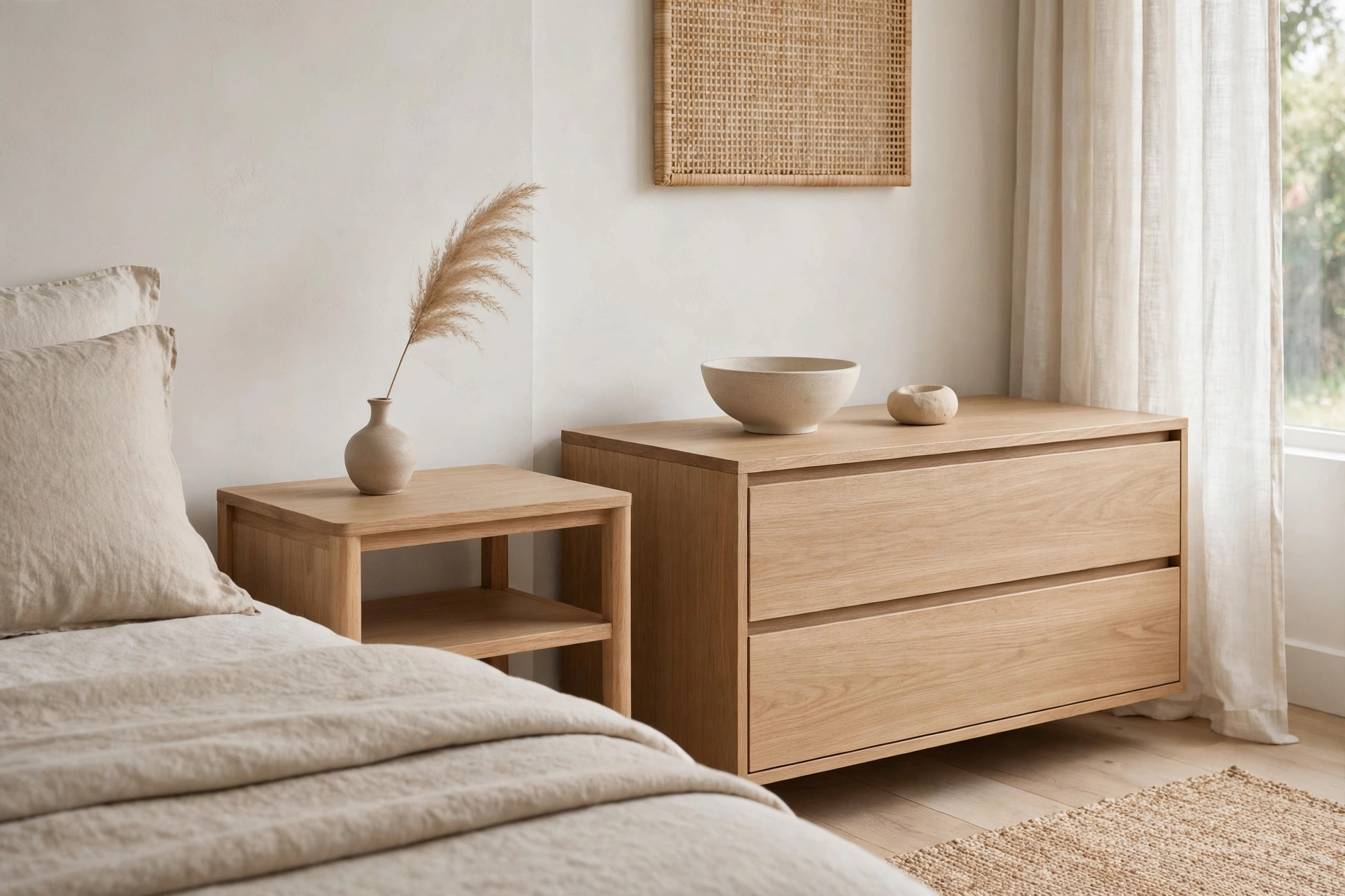 Clutter-free surfaces with hidden storage in minimalist Japandi bedroom