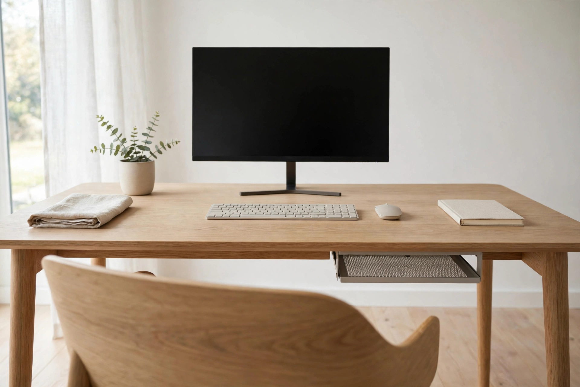 Tidy pale oak desk with monitor and wireless keyboard, no visible cables, in a bright office
