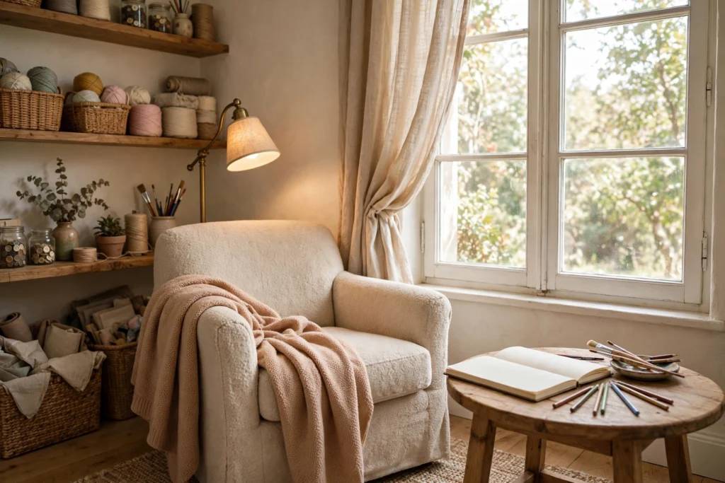 Comfy craft room sketching corner with armchair, reading lamp, and side table by a bright window.