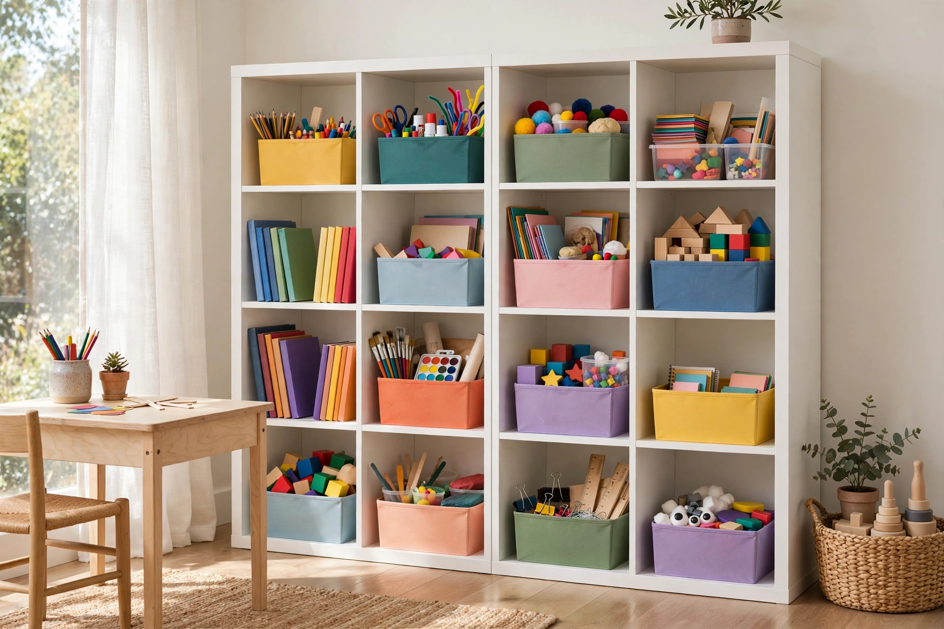A homeschool room wall of labeled cubbies filled with subject bins for each child.