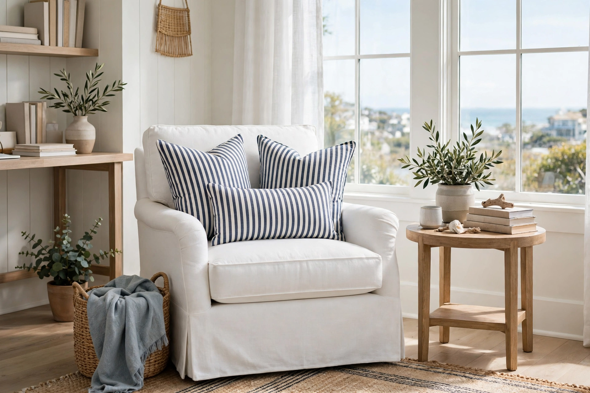 A coastal home office with navy and white striped throw pillows and a striped lumbar cushion.