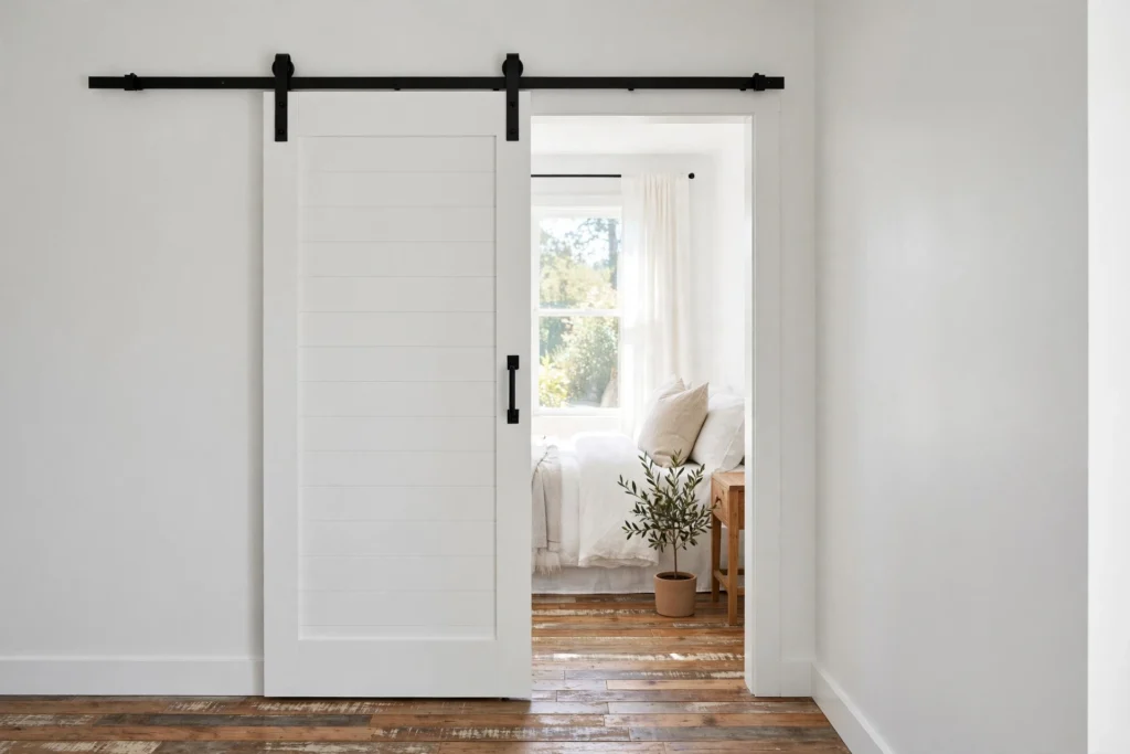White sliding barn door on a black track saving space in a small bedroom