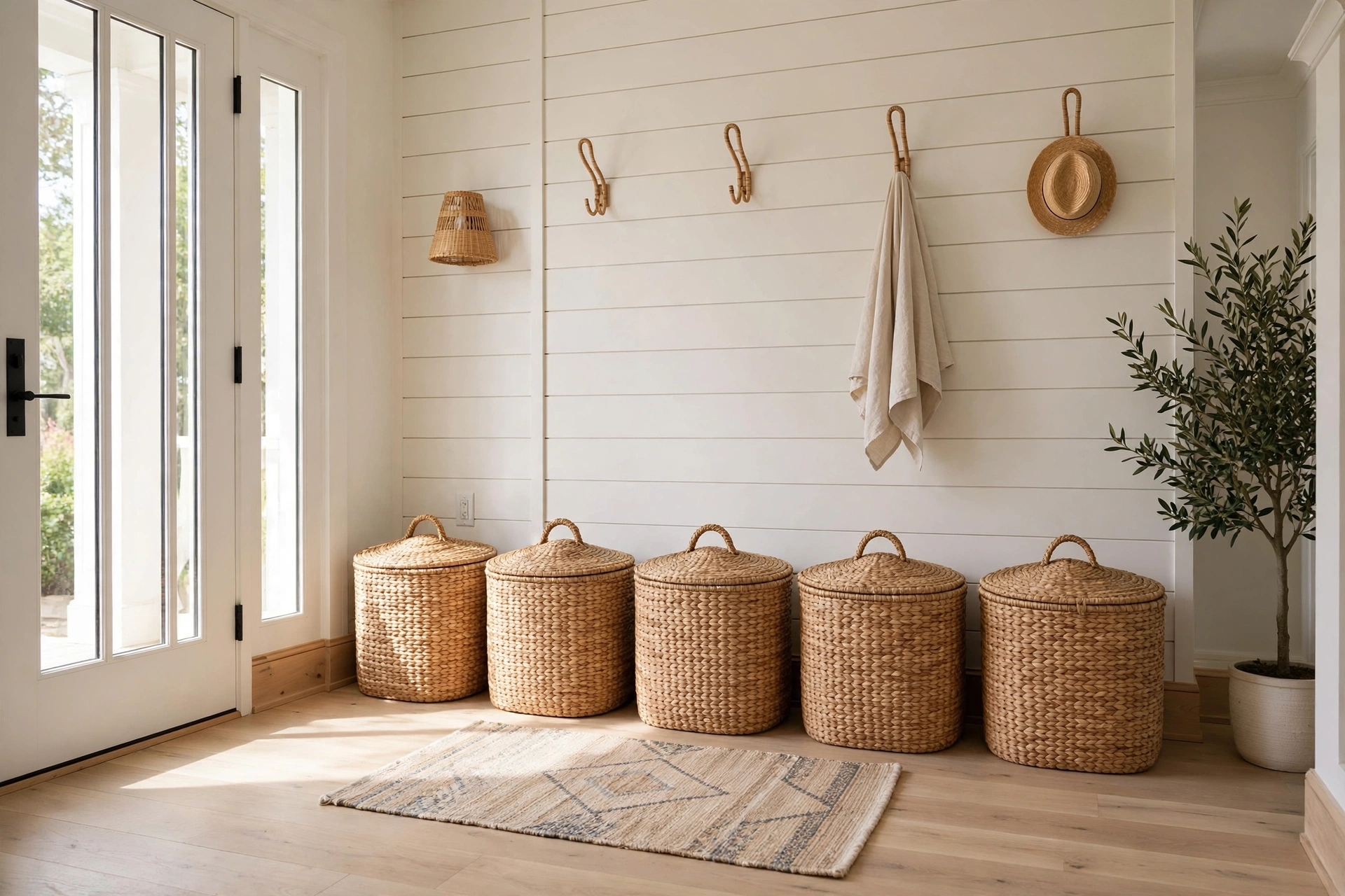 An entryway shoe storage row of lidded woven baskets assigned to each family member.
