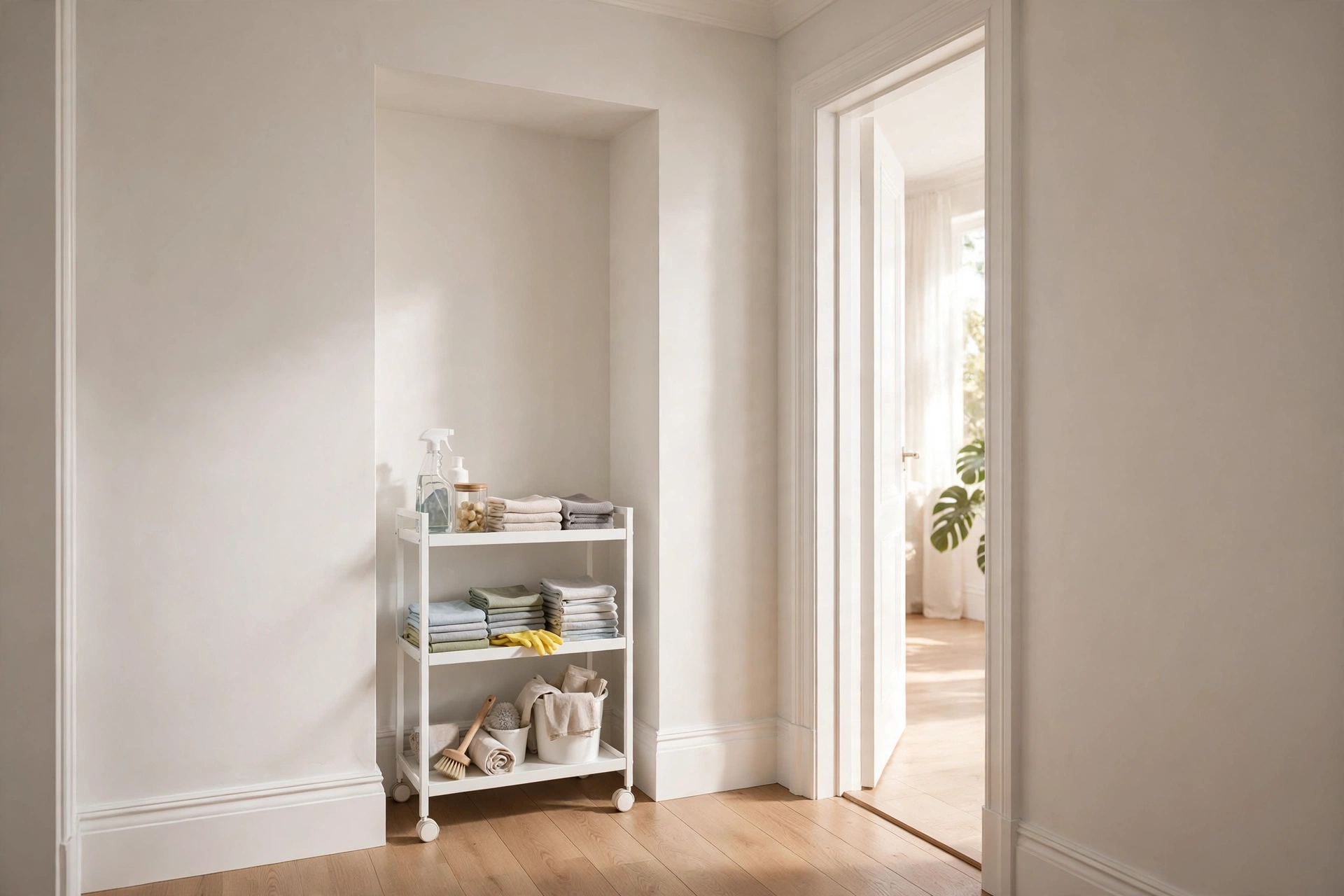 A hallway storage nook with a slim rolling cart stocked with cleaning supplies.