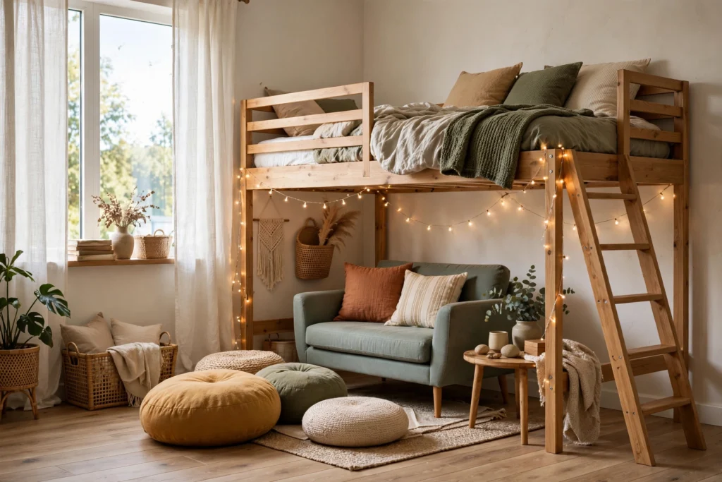 A bunk bed room with a teen loft bed and a lounge area of floor cushions below.