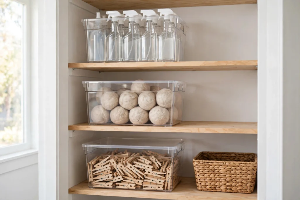 Laundry closet ideas with clear labeled bins organizing stain treatments and dryer accessories on closet shelves.