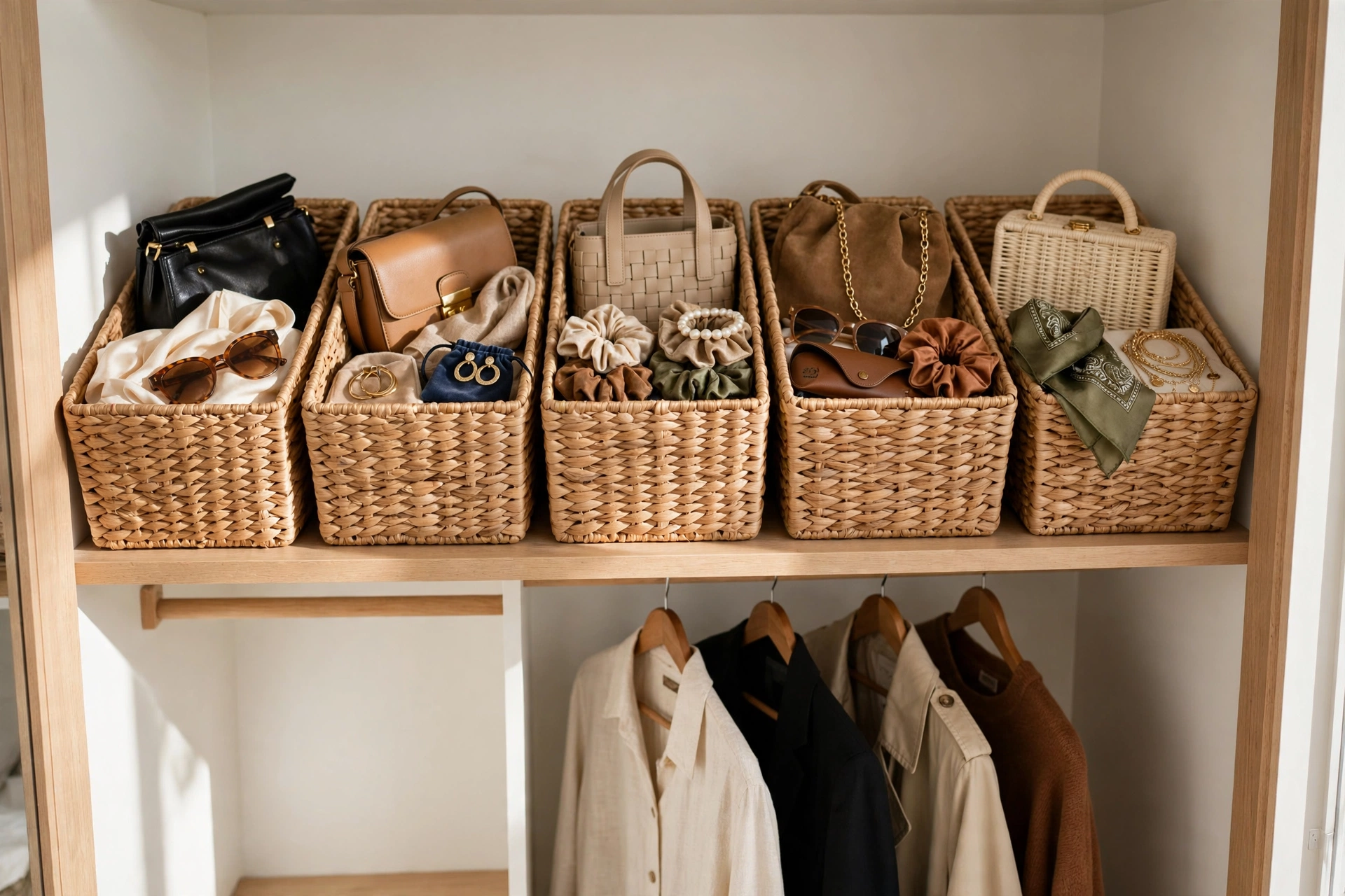 Reach-in closet ideas with matching woven bins lined up on the top shelf for handbags and off-season accessories.