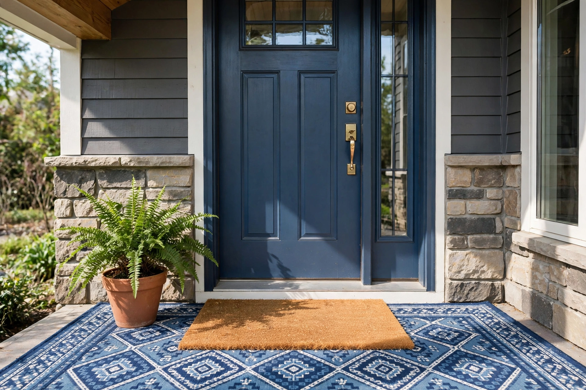 Front porch decorating ideas showing a layered welcome mat with a monogram over a larger patterned outdoor rug.