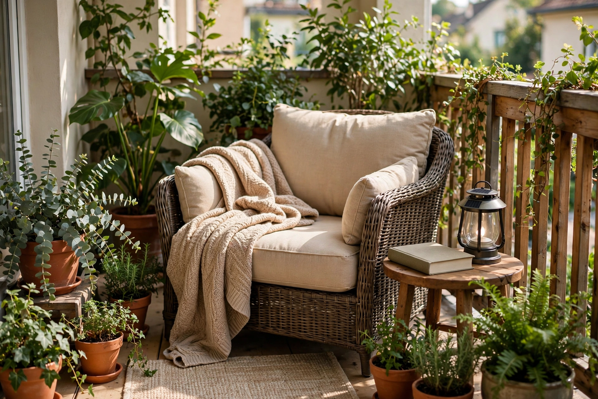 Balcony decor ideas showing a cozy balcony reading nook with a deep armchair, throw, and solar lantern.