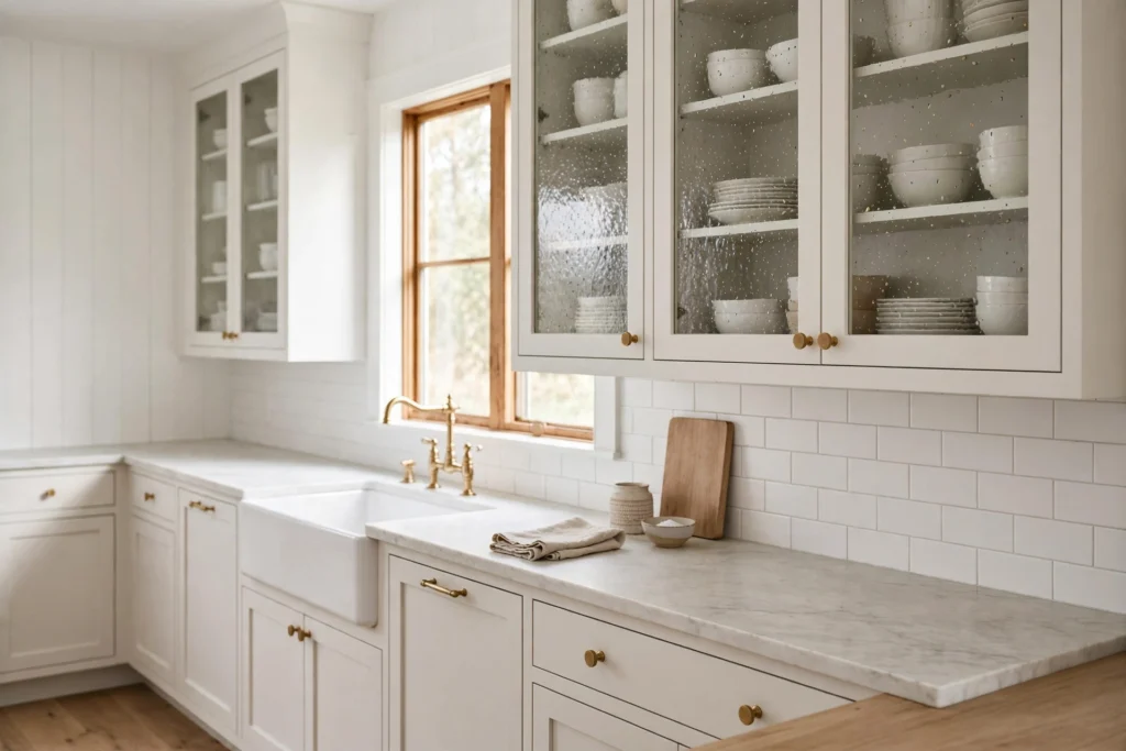 Glass-front upper cabinets with seeded glass displaying white dishes in farmhouse kitchen