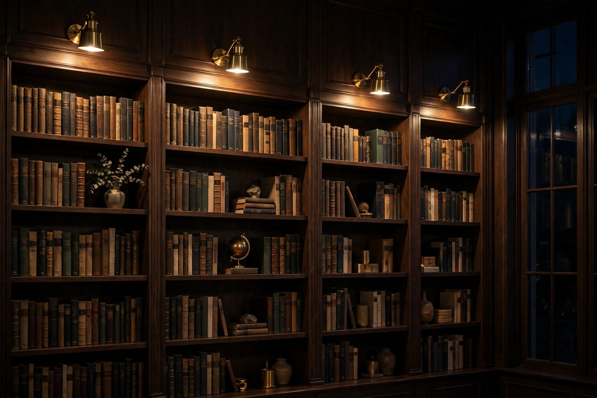 Home library design ideas with brass picture lights washing warm light over bookshelf sections at night.