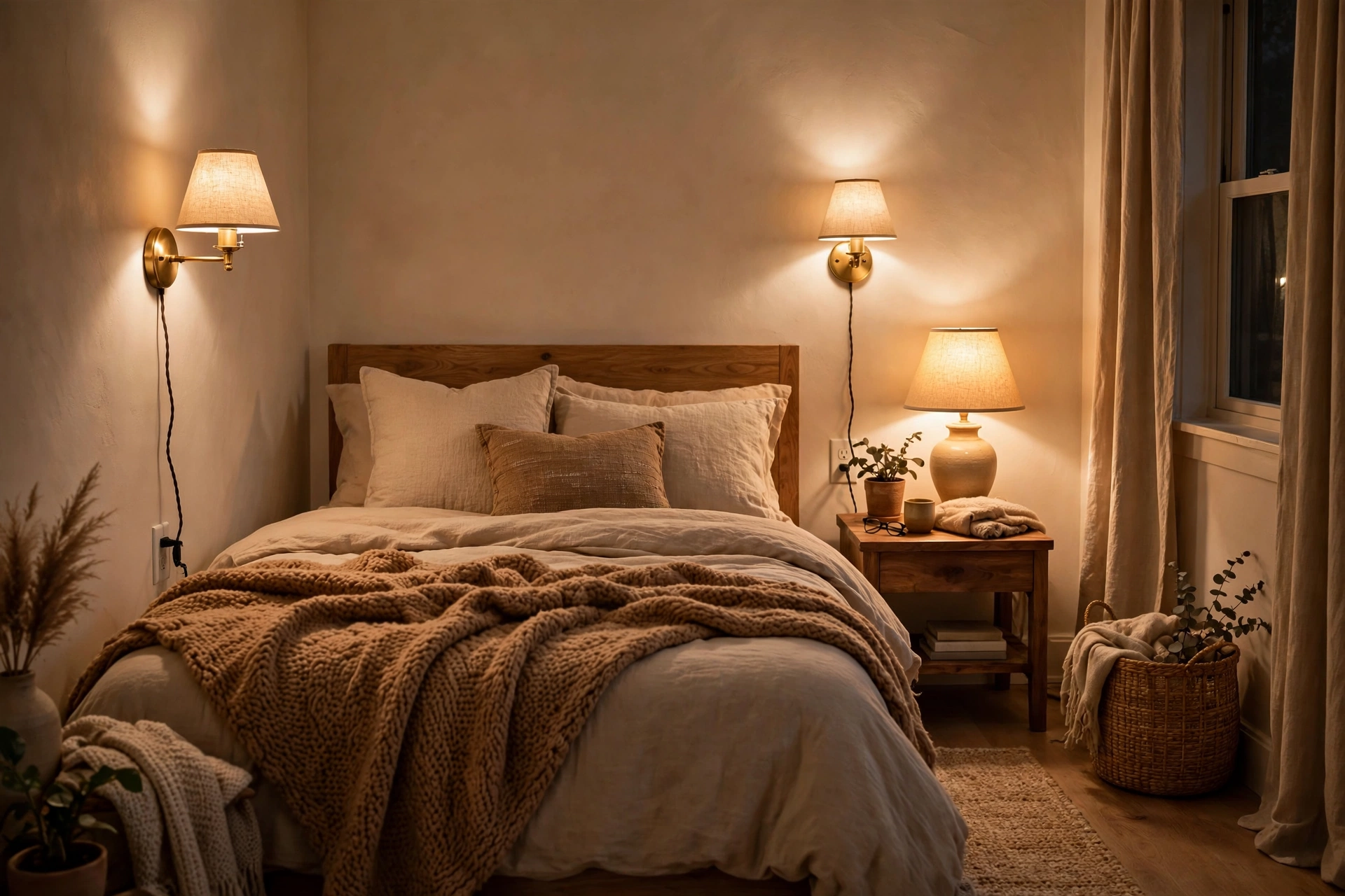 Warm plug-in sconces and lamp lighting a cozy small bedroom