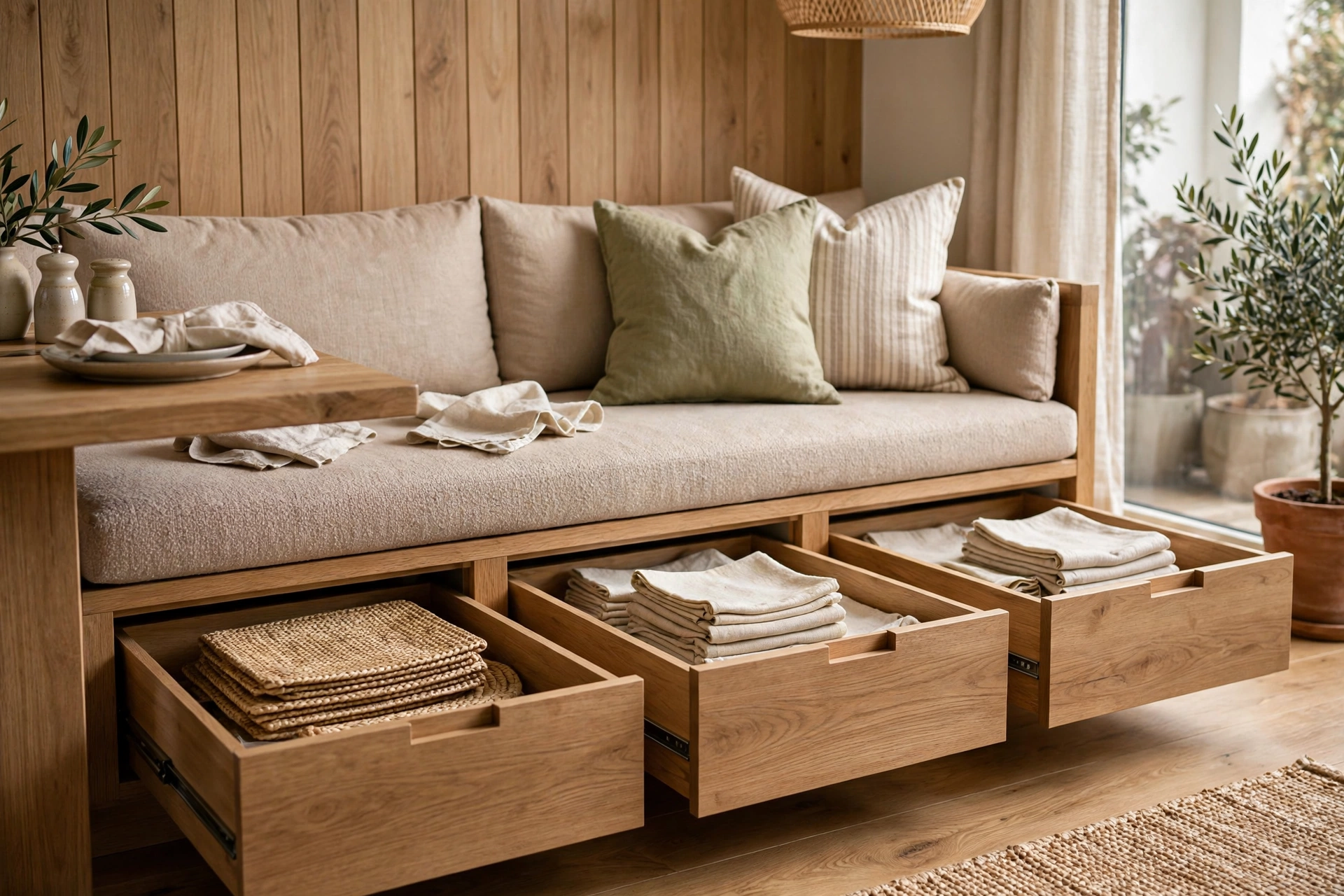 Banquette base with pull-out drawers storing placemats and linens