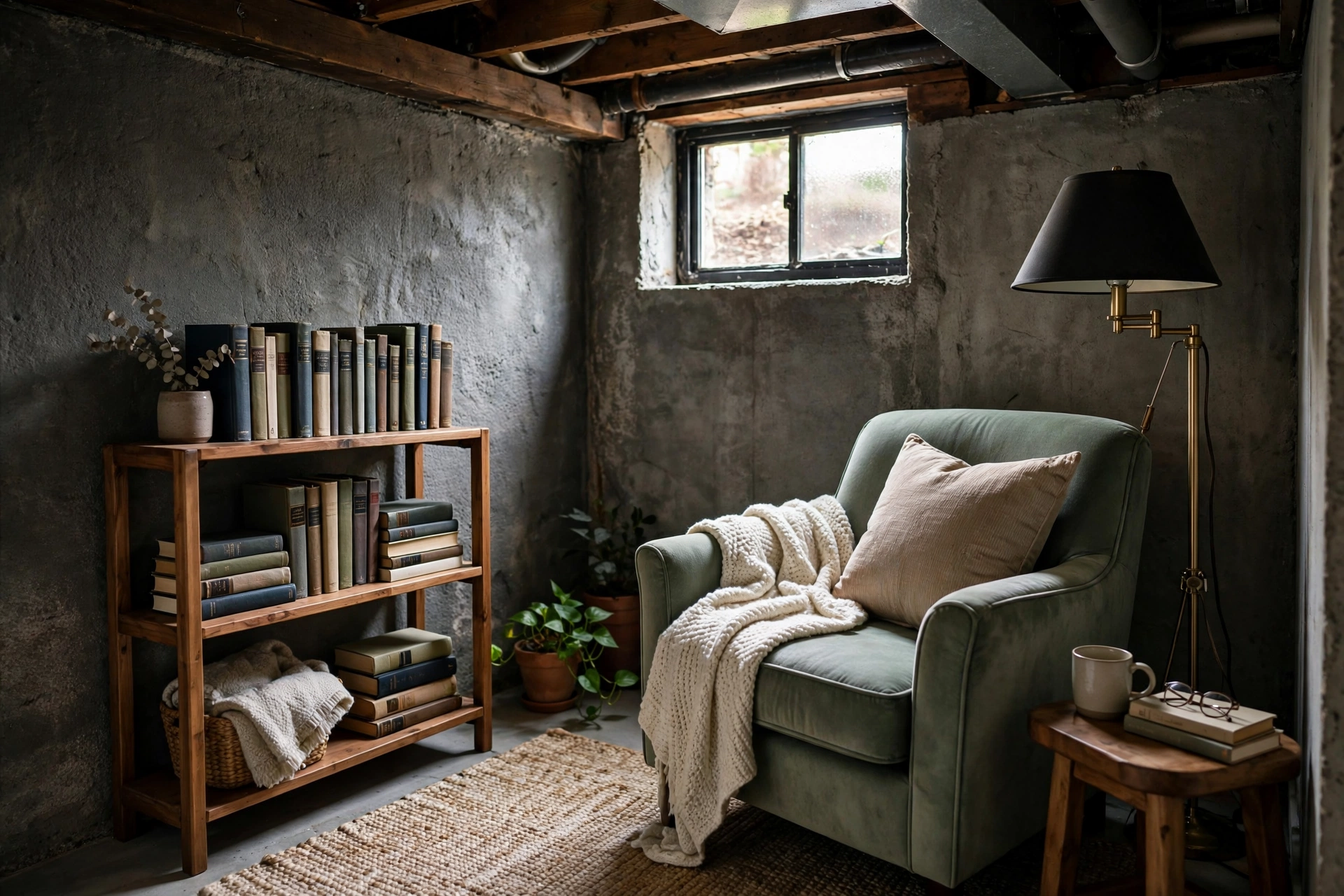 Quiet basement reading corner with armchair, floor lamp, and small bookshelf