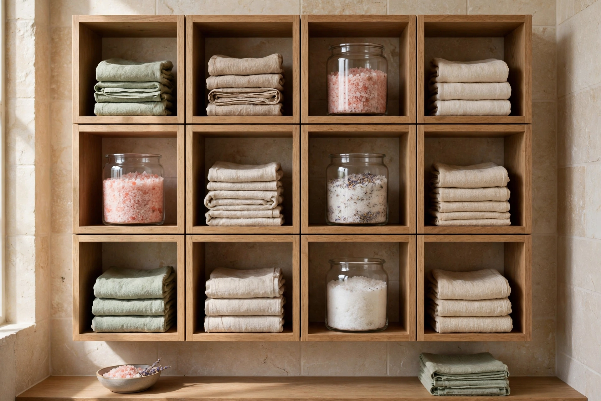 Grid of wall mounted cubbies in bathroom holding washcloths and bath salts