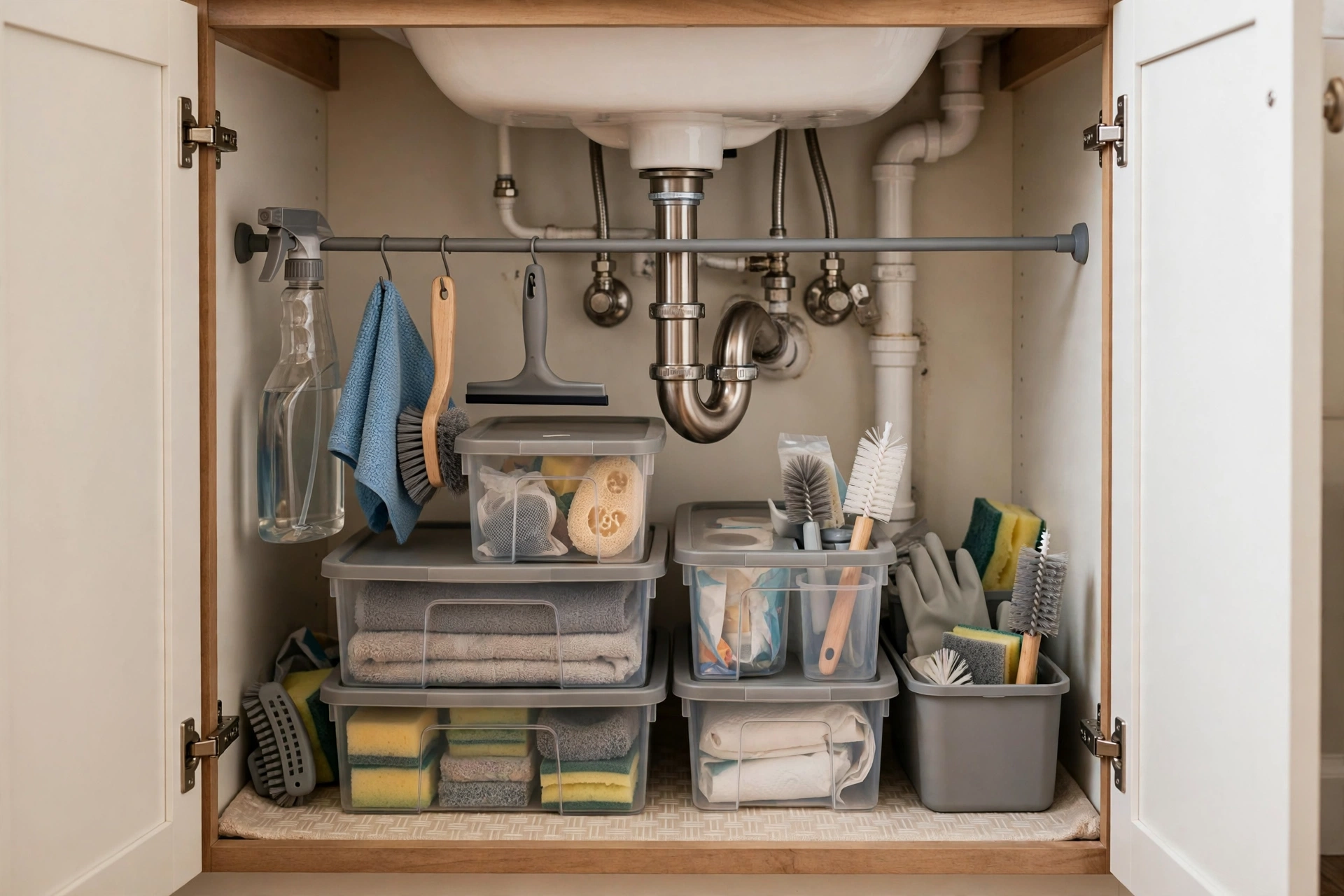 Stackable bins and tension rod organizing supplies under bathroom sink
