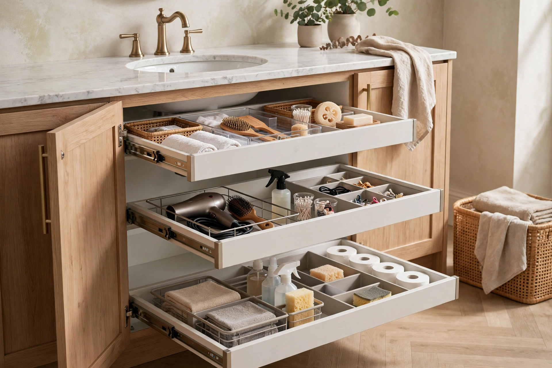 Bathroom vanity cabinet fitted with pull-out storage organizers