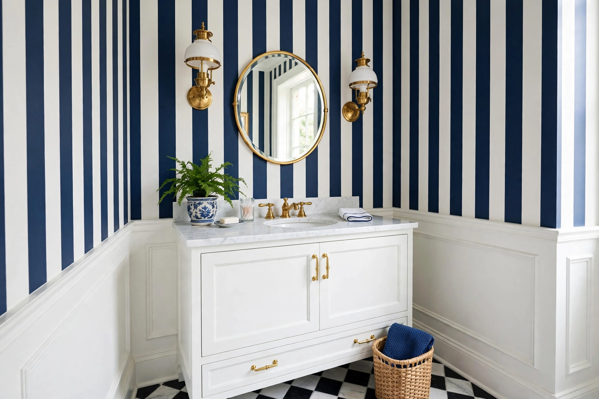 Bold vertical striped walls in preppy powder room with white vanity
