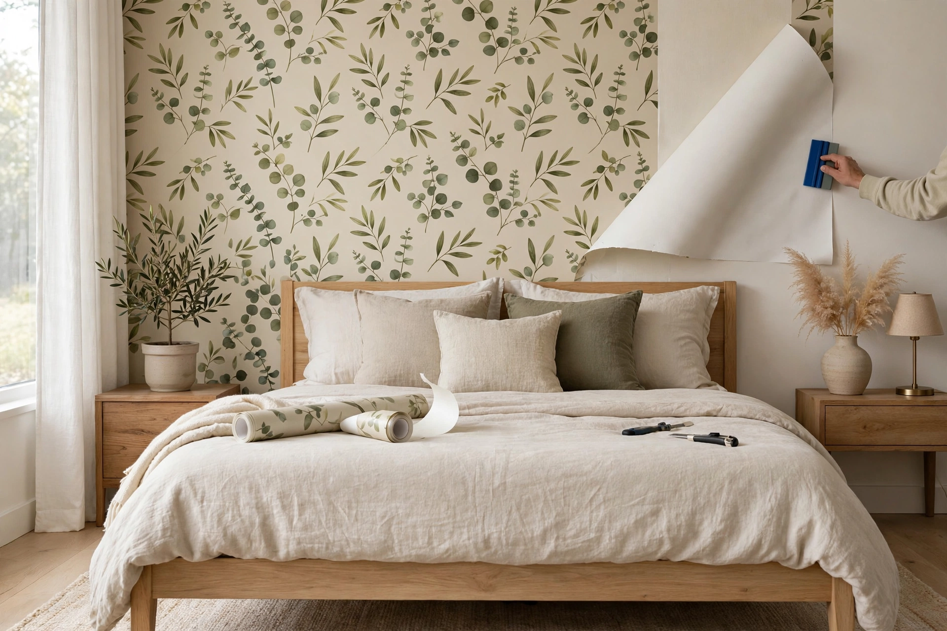 Peel-and-stick wallpaper accent wall being applied behind a bedroom bed