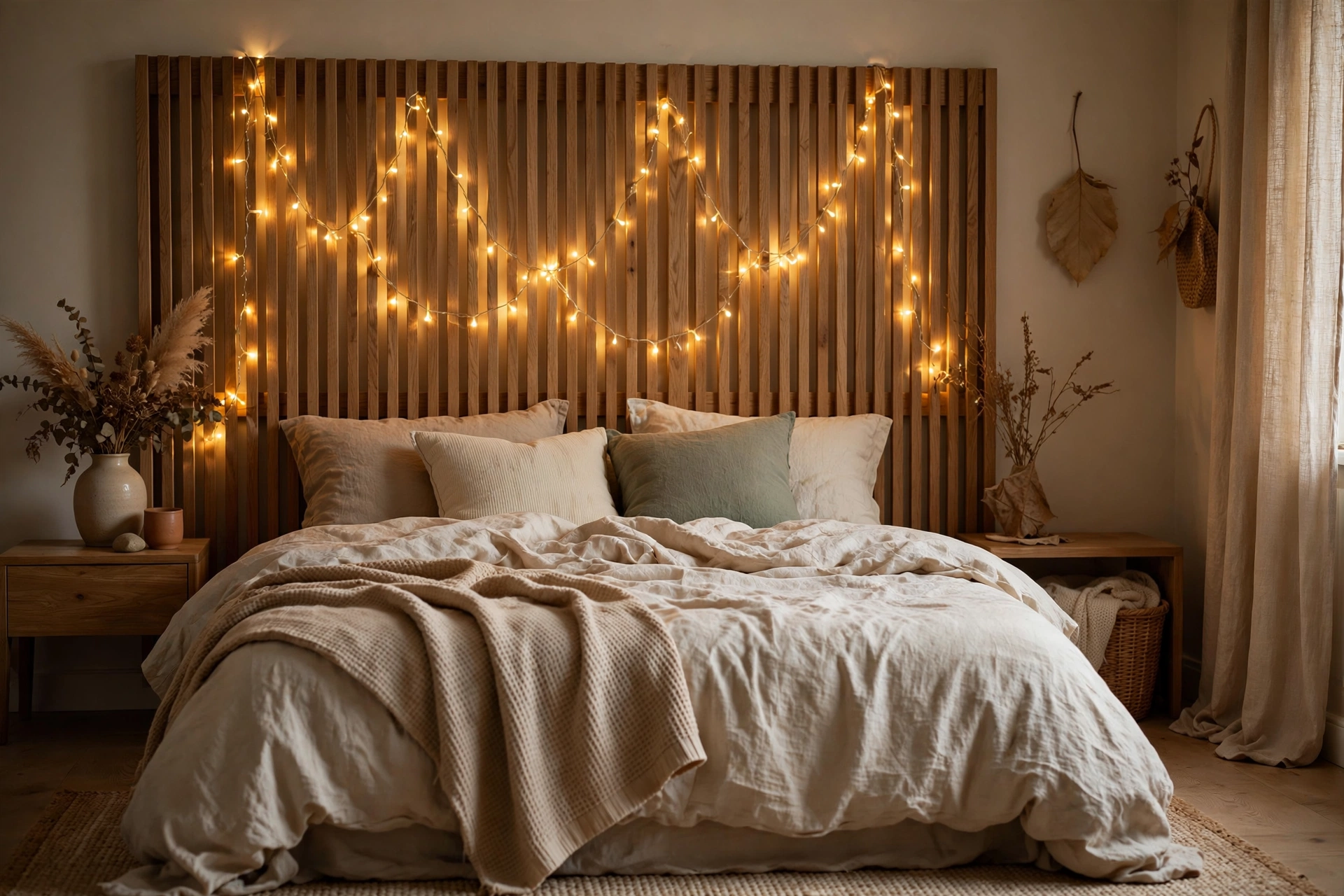 Warm fairy lights draped through a headboard adding whimsical glow to a bedroom