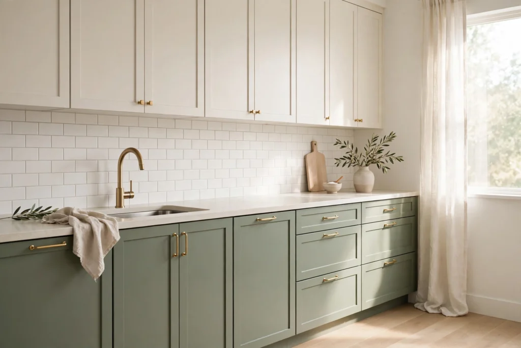 Sage green lower cabinets with warm white uppers and brass hardware in a kitchen