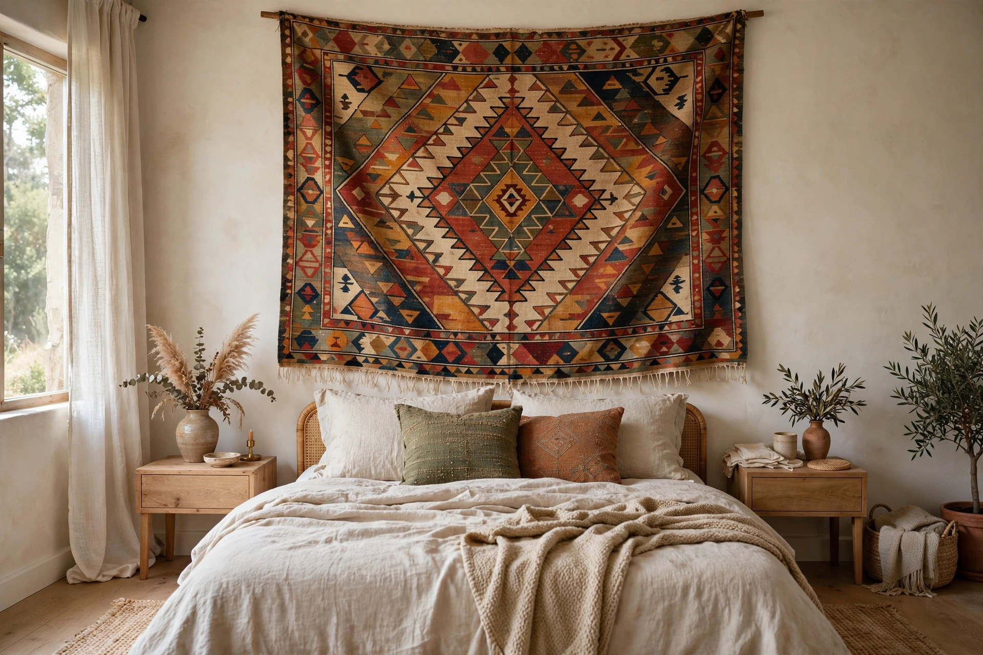 Large vintage kilim tapestry hanging softly above the bed