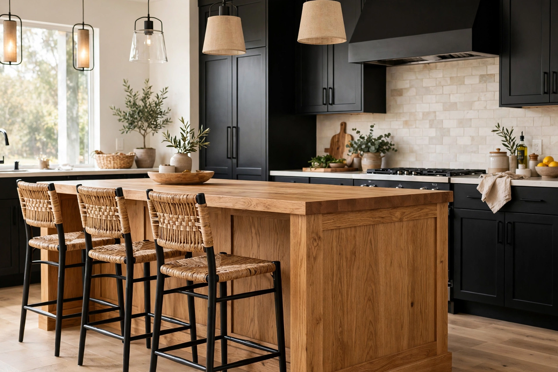 Warm oak wood island paired with black kitchen cabinets