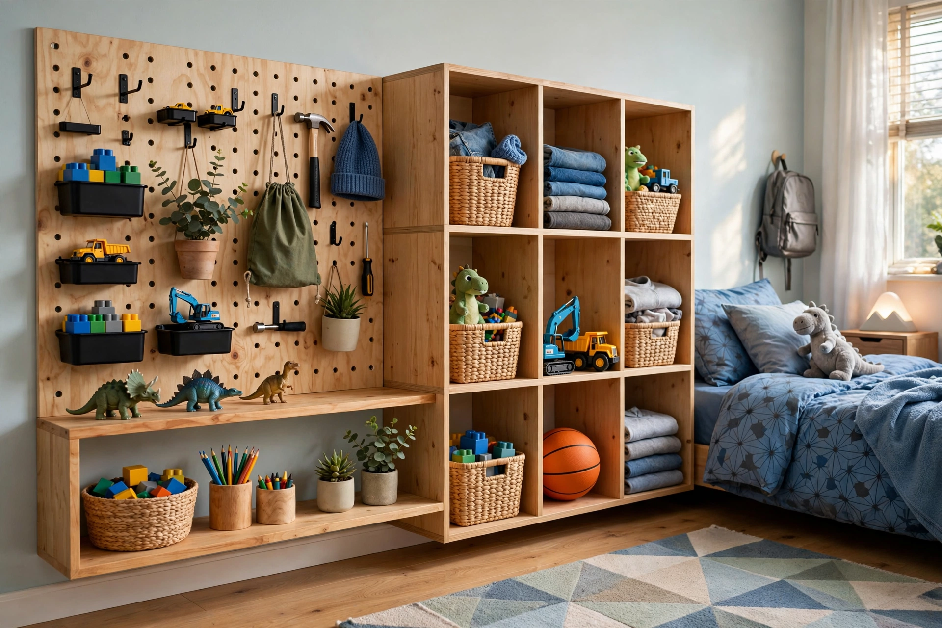 Boys bedroom DIY storage wall with pegboard and cube shelves