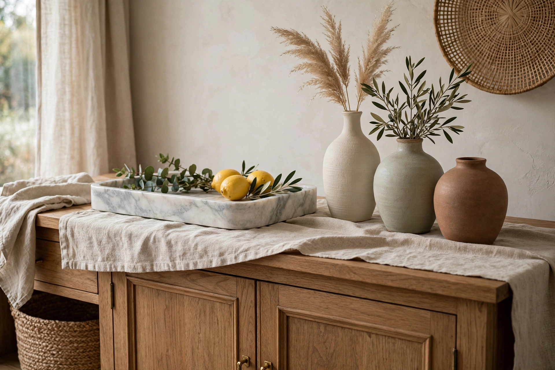Marble tray linen runner and ceramic vases on buffet