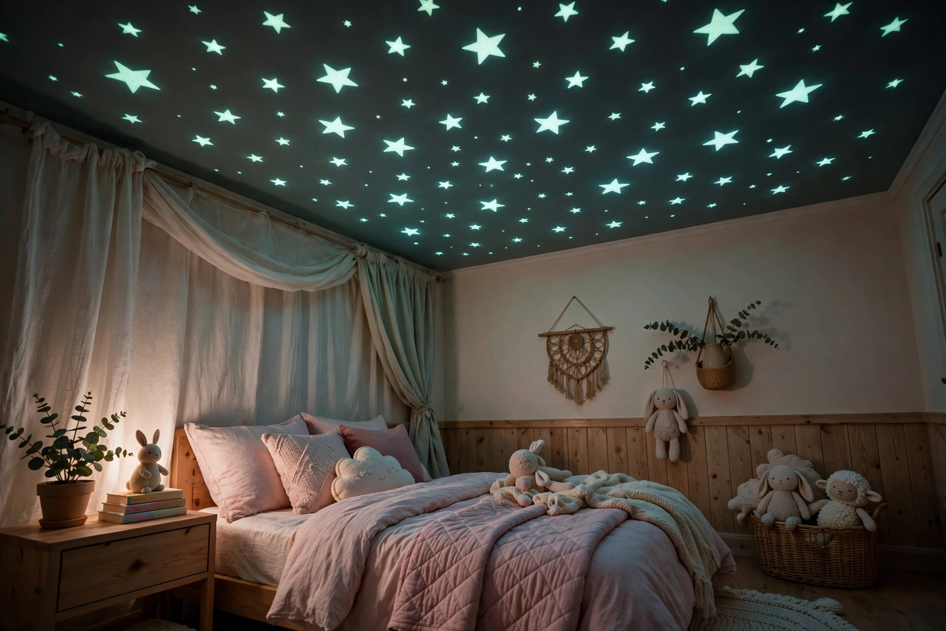 Glow in the dark stars on girls bedroom ceiling at night