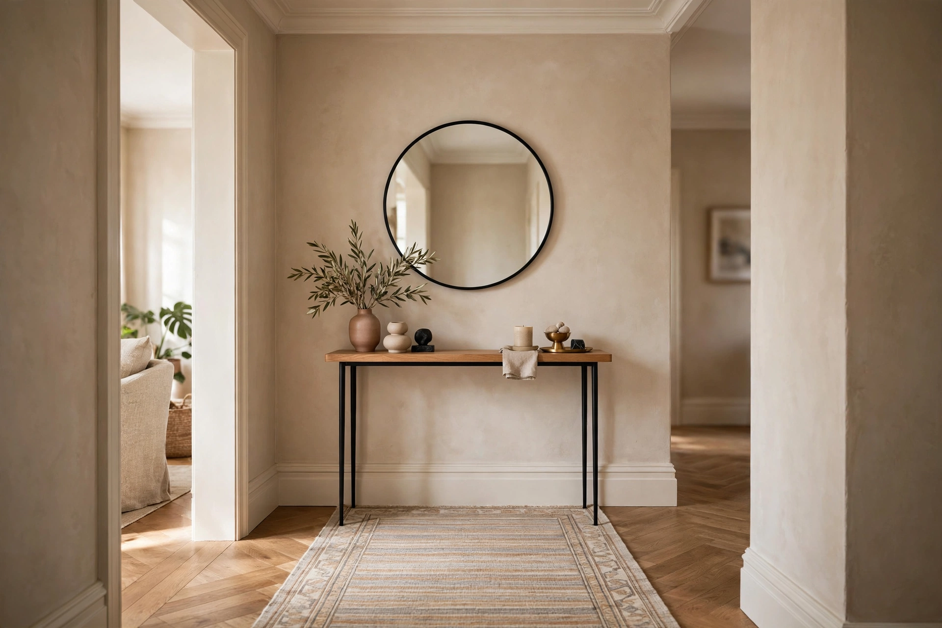 Slim console table and round mirror styled above a hallway runner rug