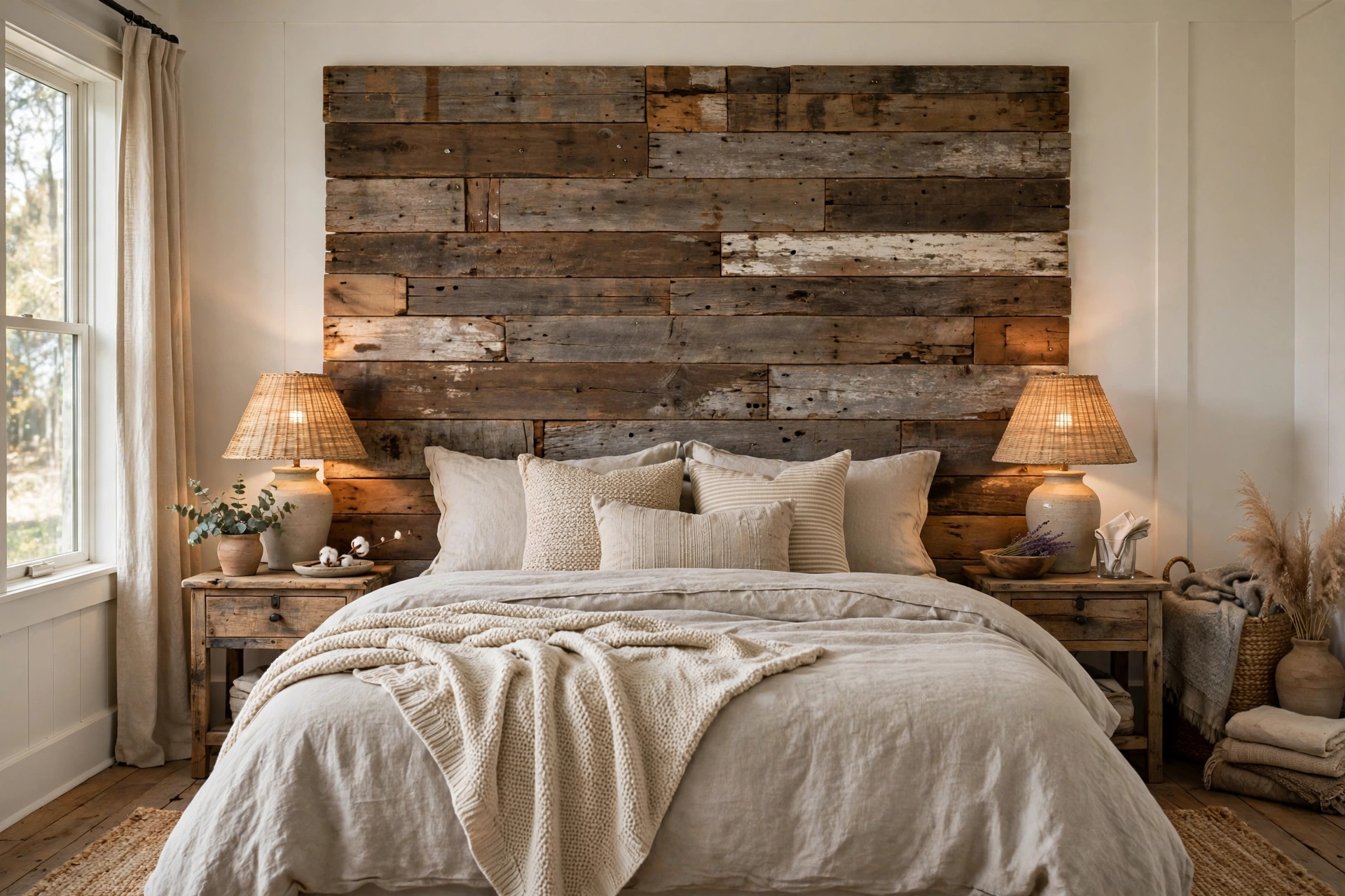 Reclaimed wood headboard with rustic character in a farmhouse bedroom