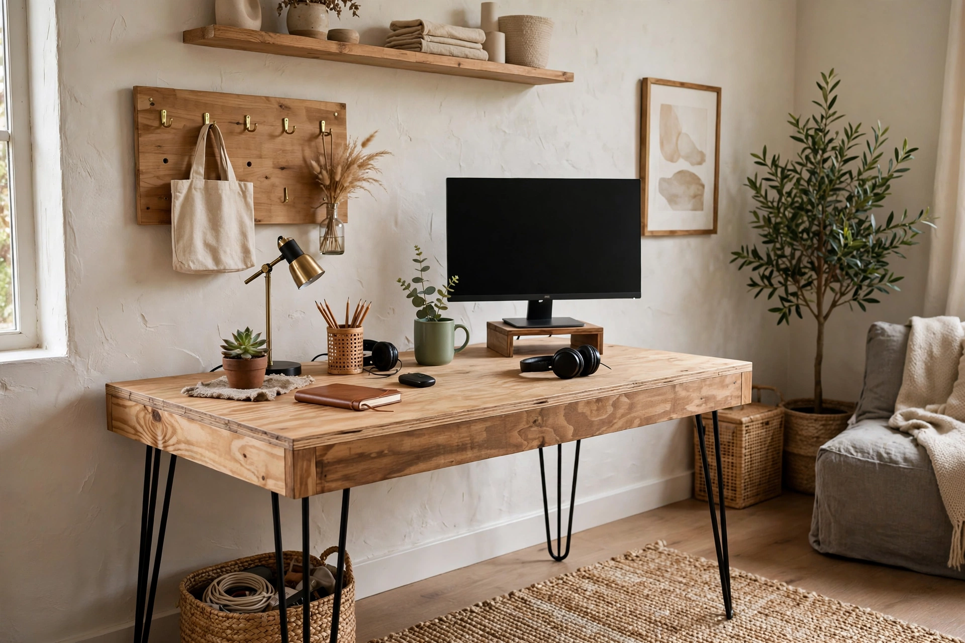 DIY wood top desk on hairpin legs with custom home office setup