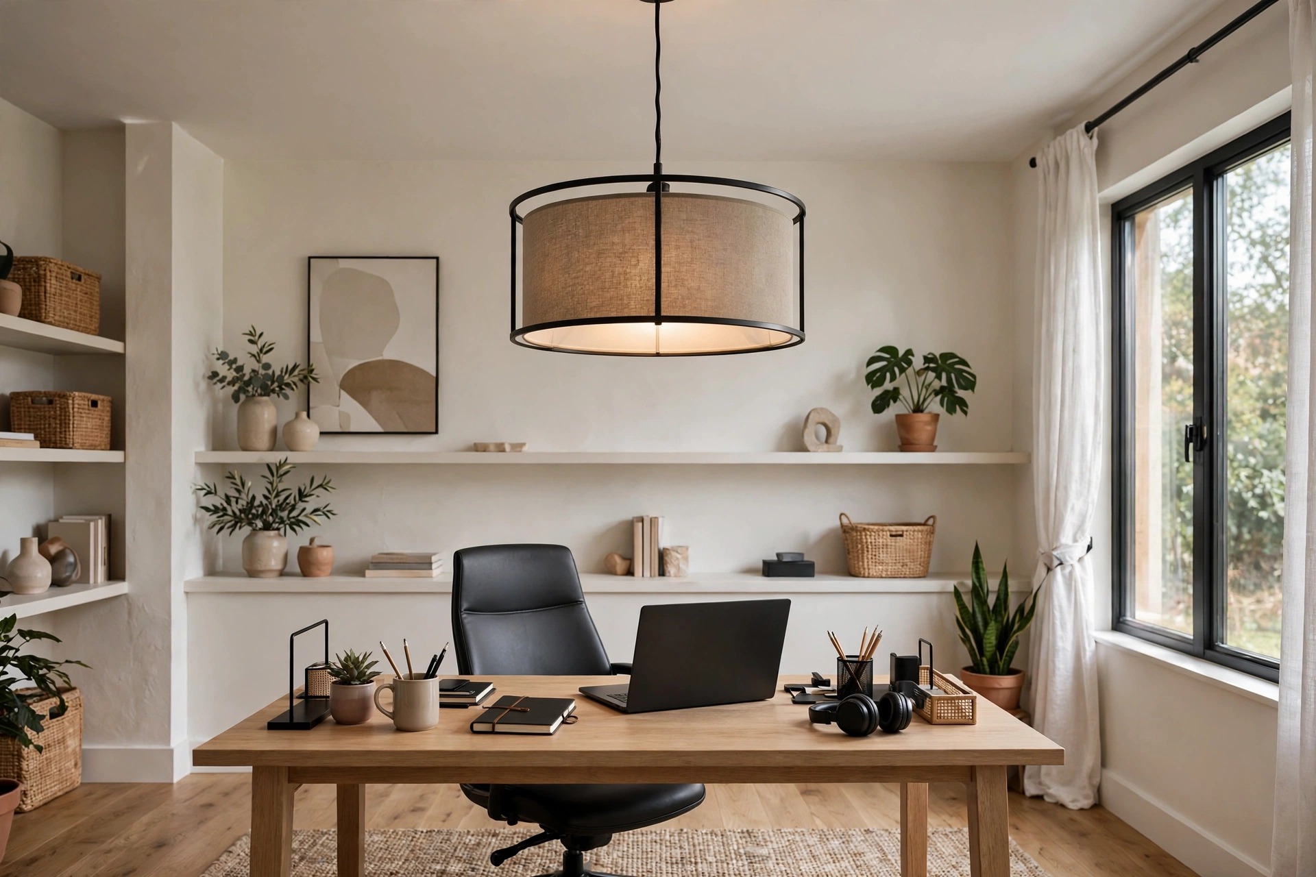 Modern drum pendant ceiling light in stylish home office