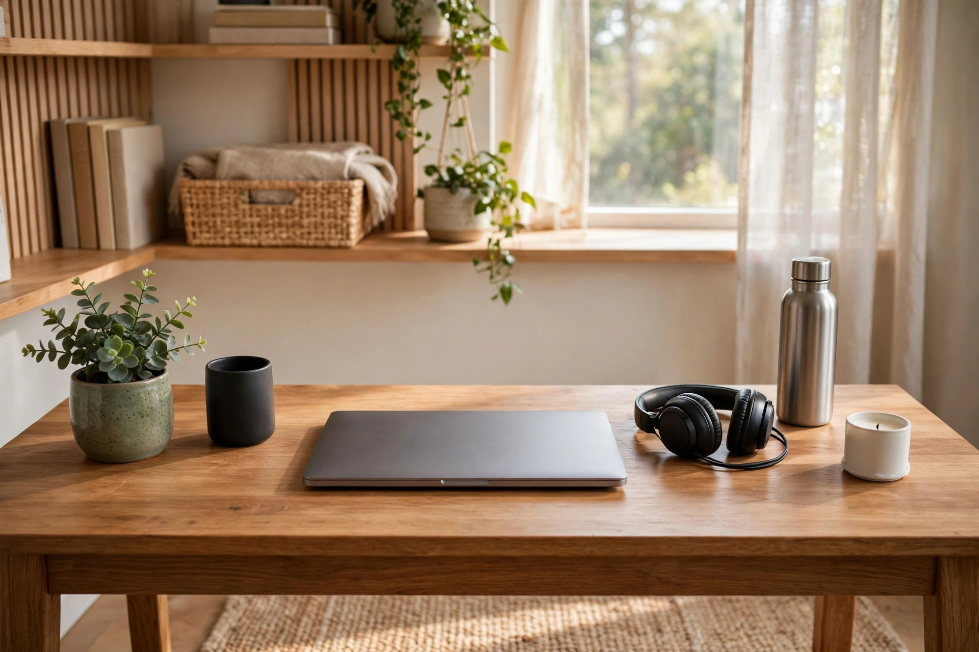Tidy cleared desk at end of week in organized home office