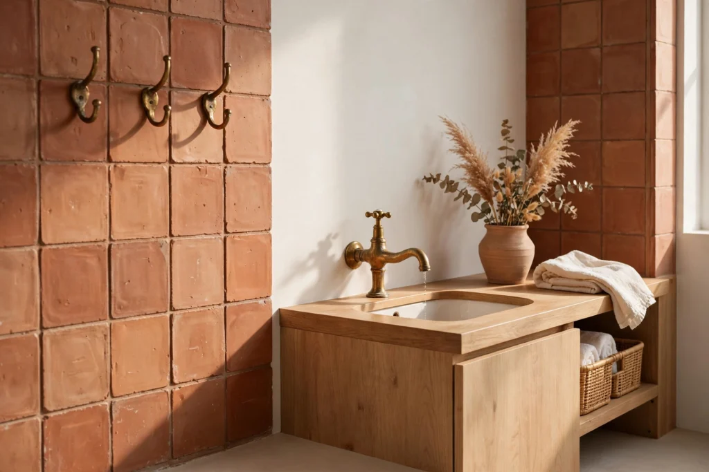 Aged brass faucet and hooks glowing against terracotta and wood in a boho bath
