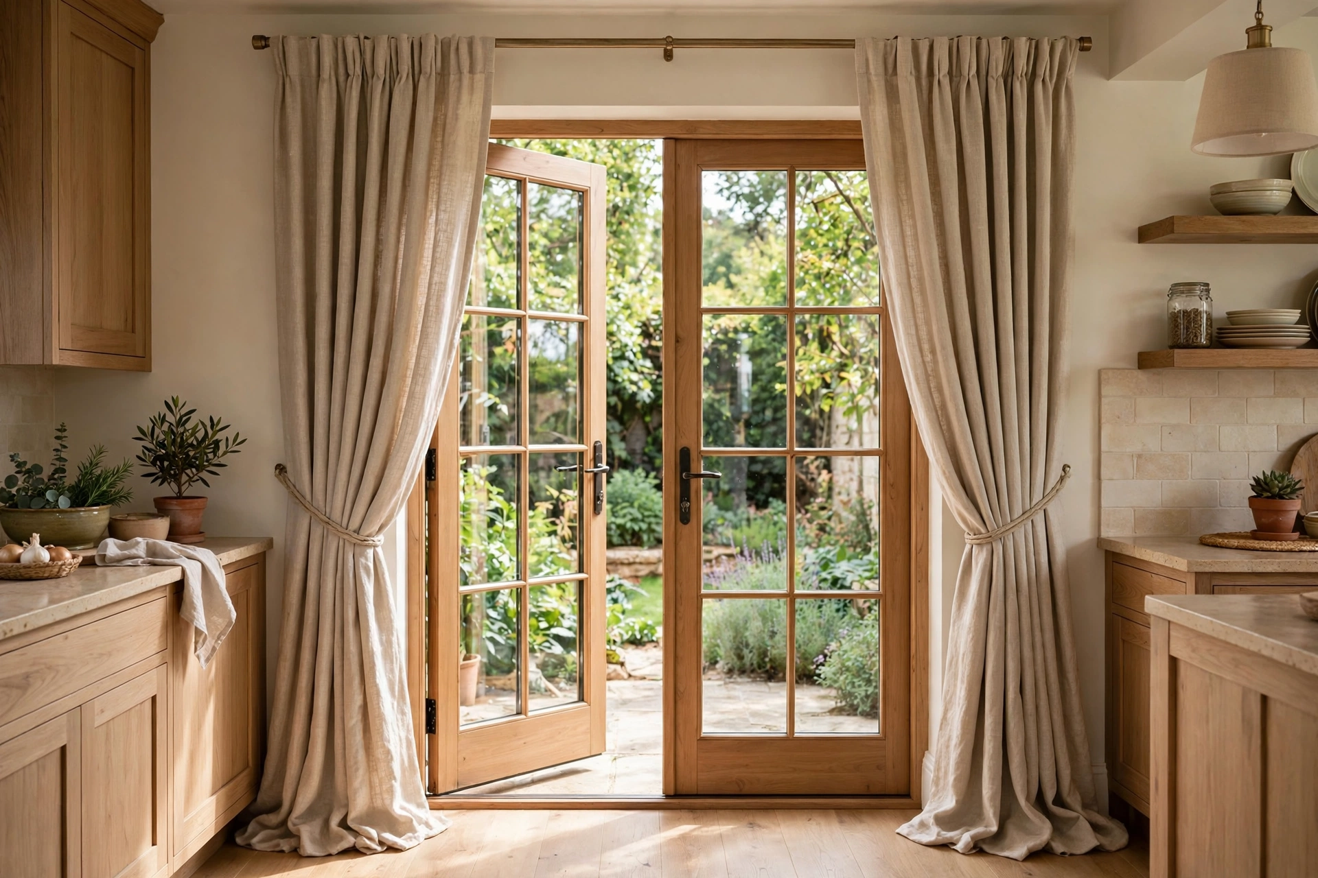 Floor-length linen curtains framing kitchen garden doors with tie-backs