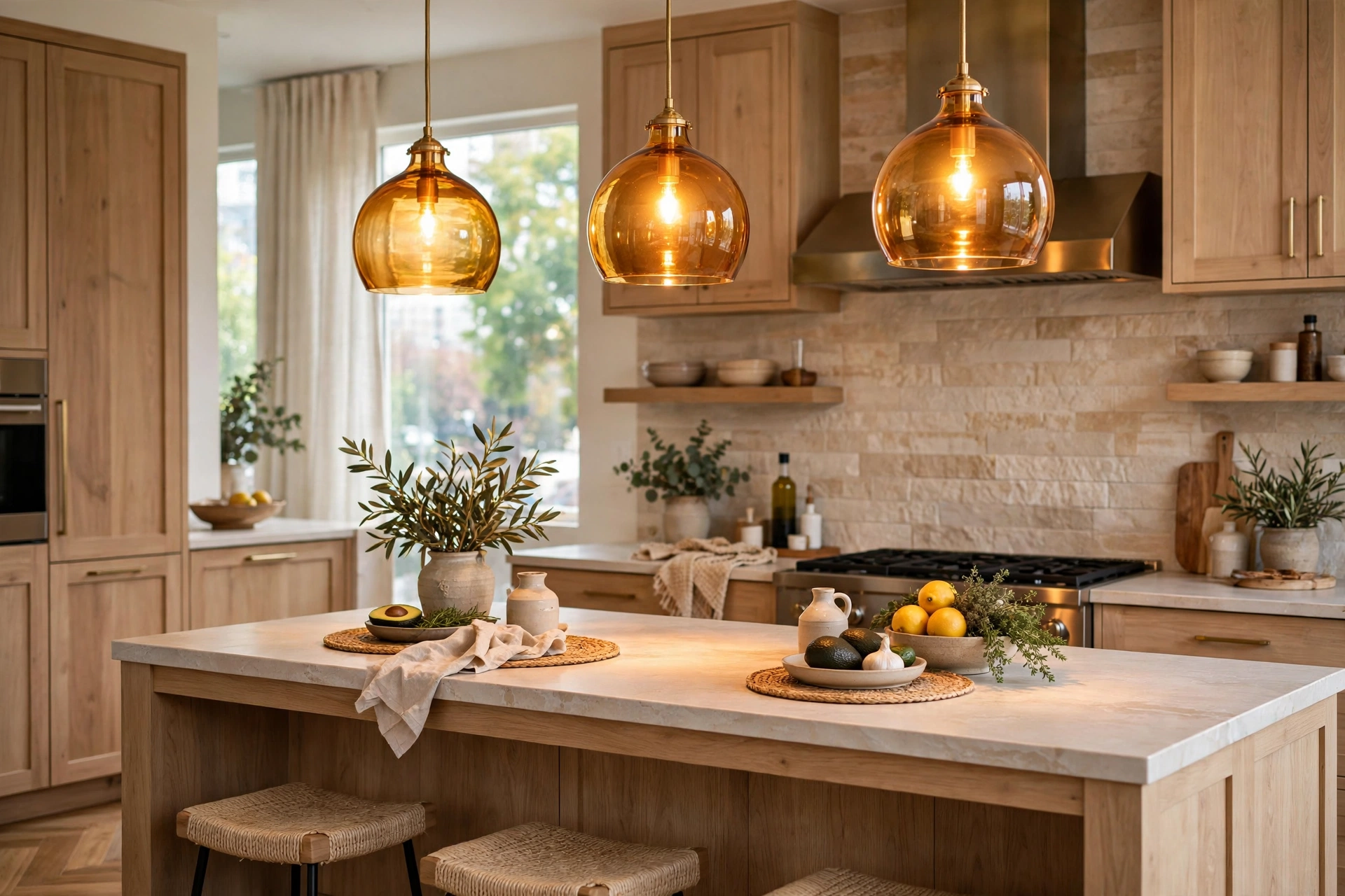 Amber tinted glass pendant lights adding warm color over a kitchen island