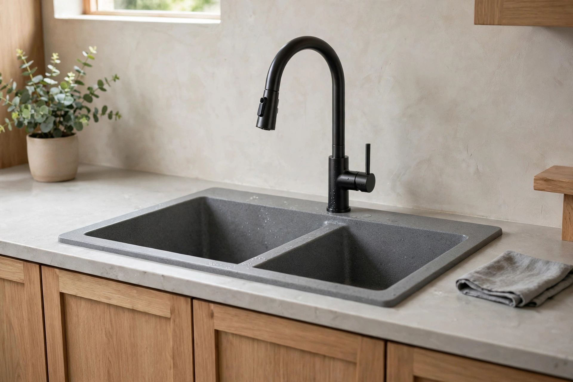 Gray granite composite kitchen sink with matte finish and modern faucet