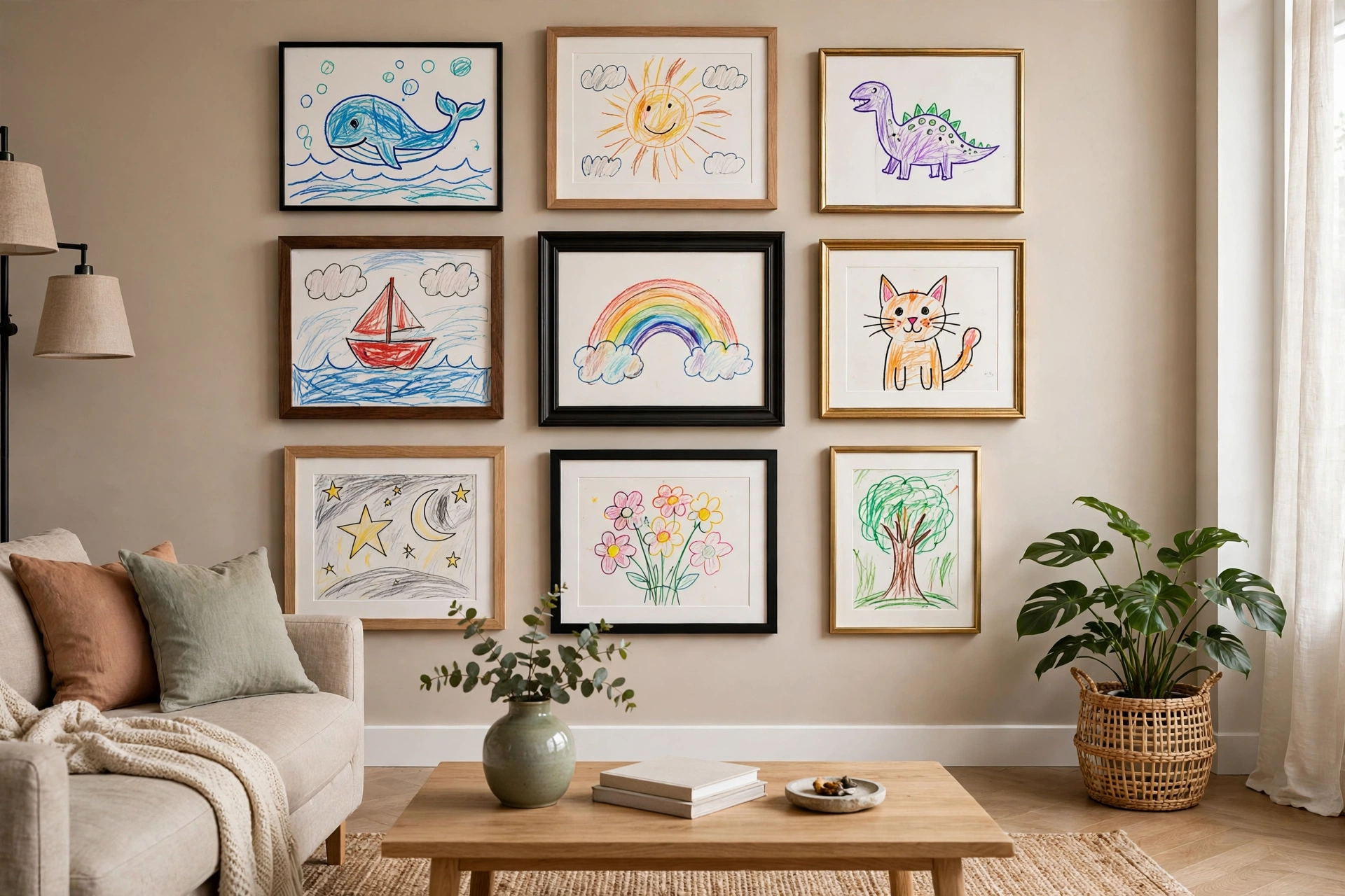 Kids artwork in grown-up frames on living room gallery wall