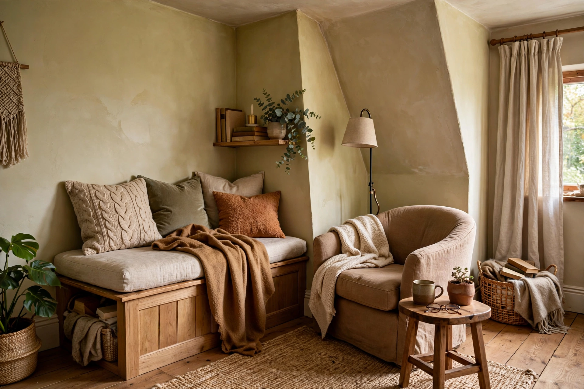 Cozy reading nook living room layout in an awkward corner