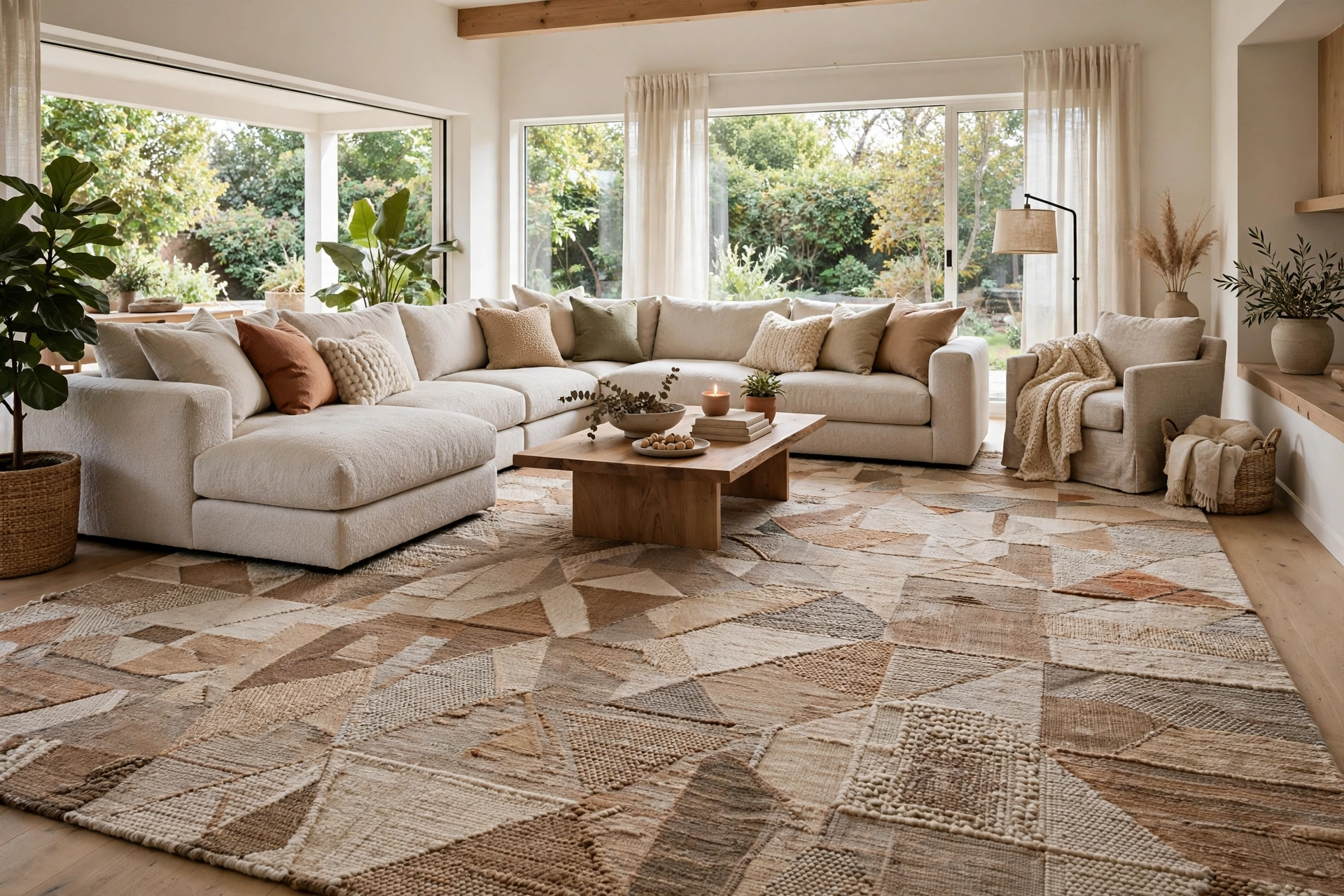 Oversized living room rug anchoring a large sectional sofa