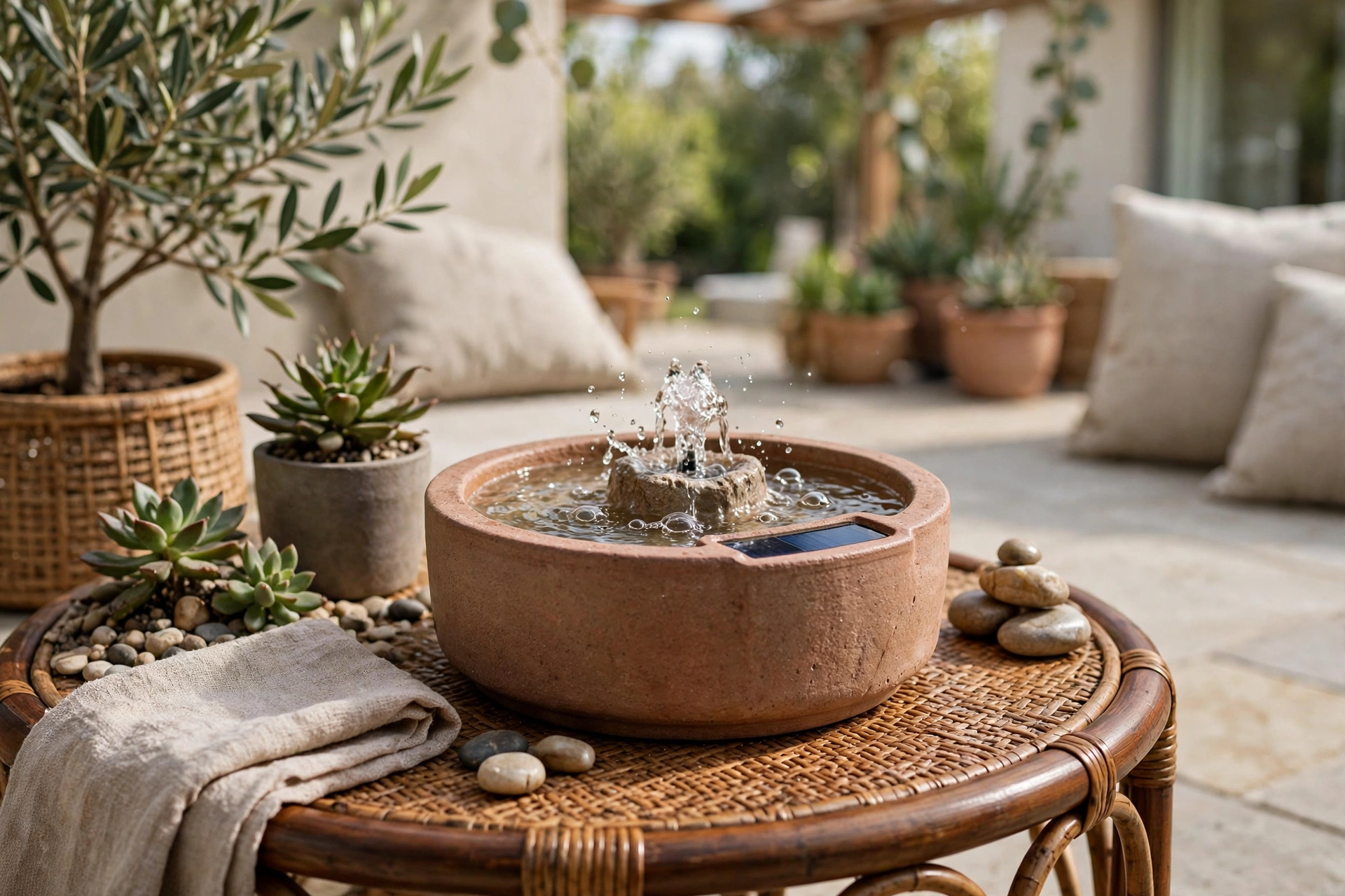 Small solar fountain bubbling on patio side table
