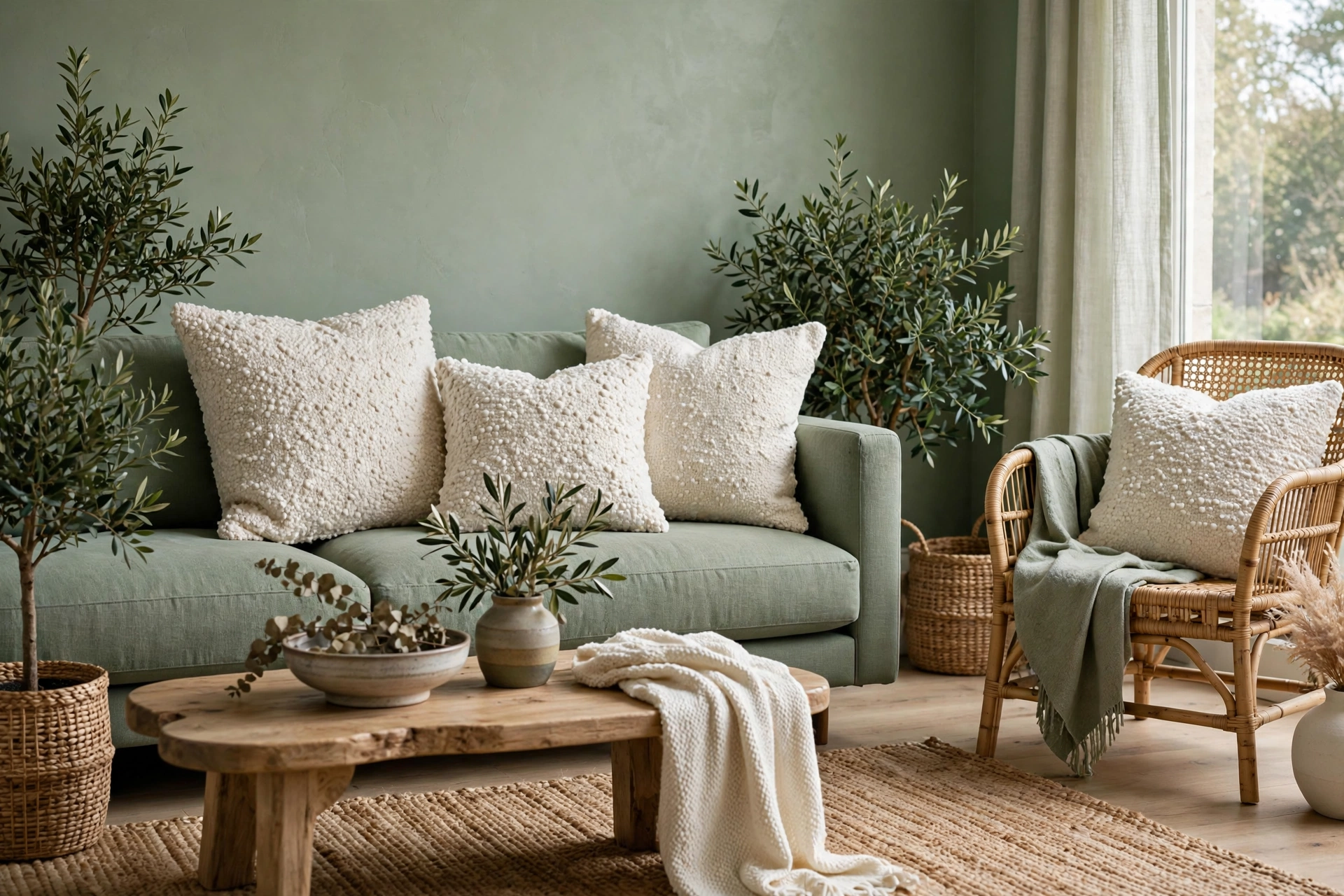 Textured bouclé cushions and jute rug in sage green living room