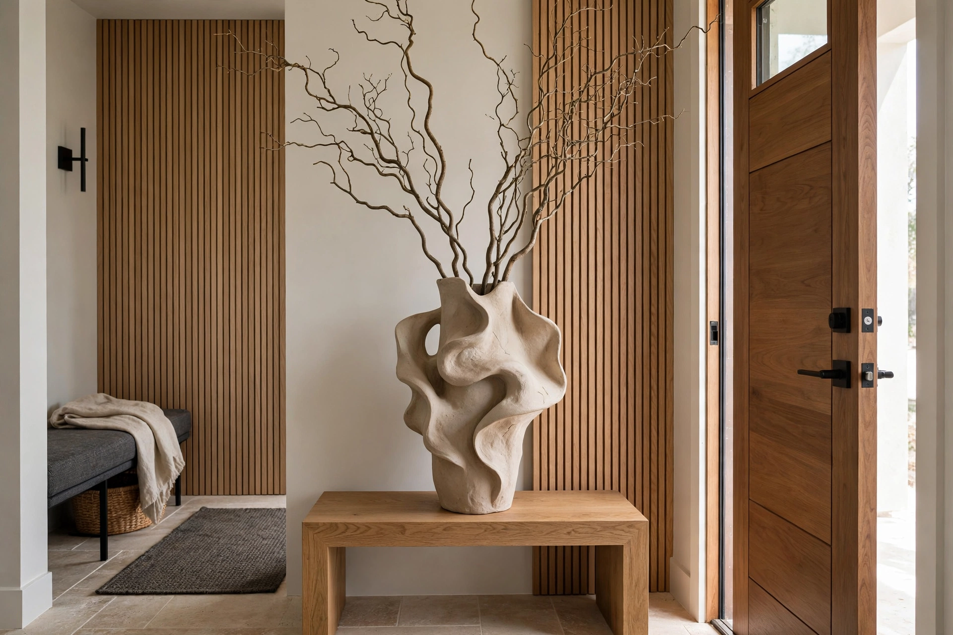 Sculptural vase with branches as entryway statement piece