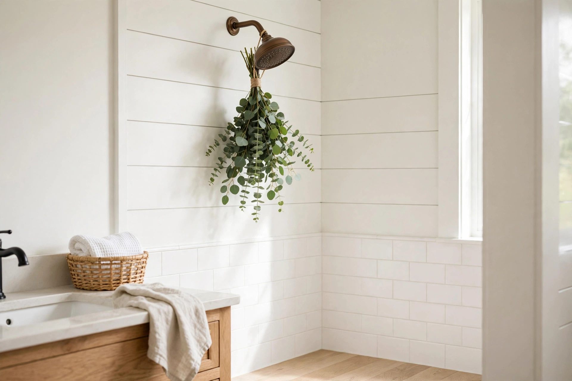 Fresh eucalyptus bundle tied to a bronze showerhead in a farmhouse bathroom